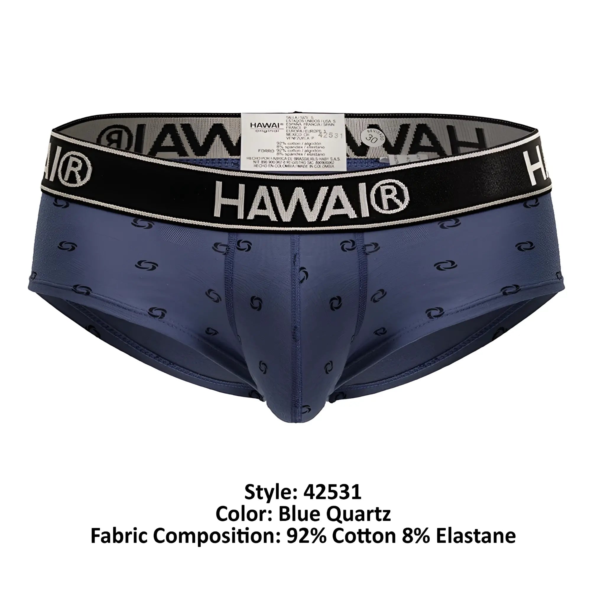 Blue quartz hawai 42531 cotton blend men’s briefs with black s-shaped pattern and black waistband with white brand name
