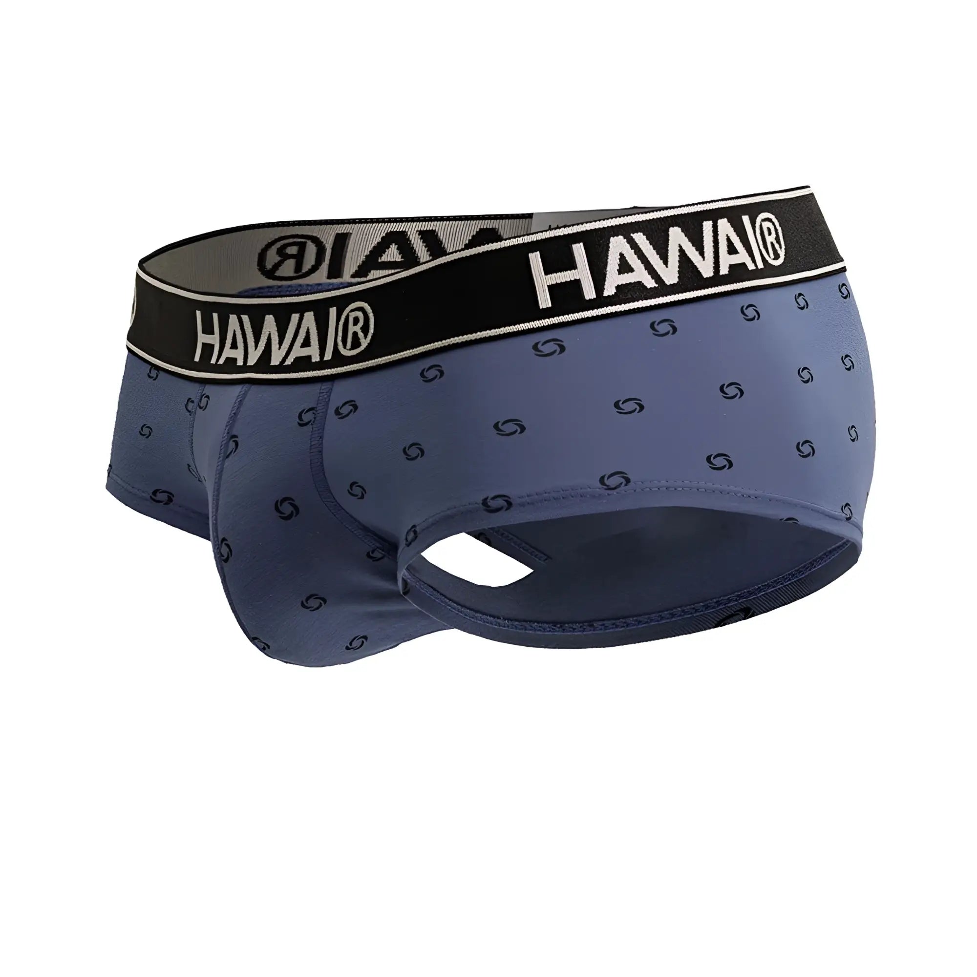 Blue hawai men’s cotton blend briefs in blue quartz with black waistband white lettering and dark blue swirl patterns