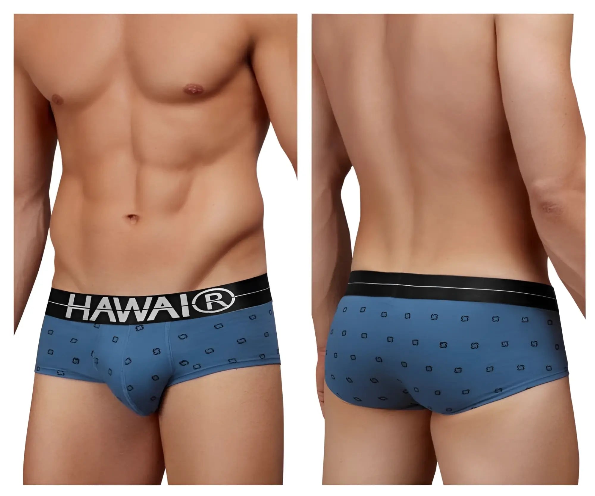 Blue hawaiian briefs in cotton blend with black hawai waistband and dark geometric pattern in blue quartz color
