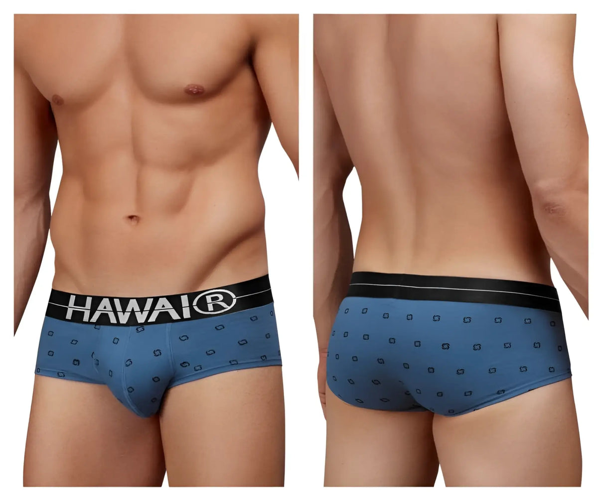Blue hawaiian briefs in cotton blend with black hawai waistband and dark geometric pattern in blue quartz color