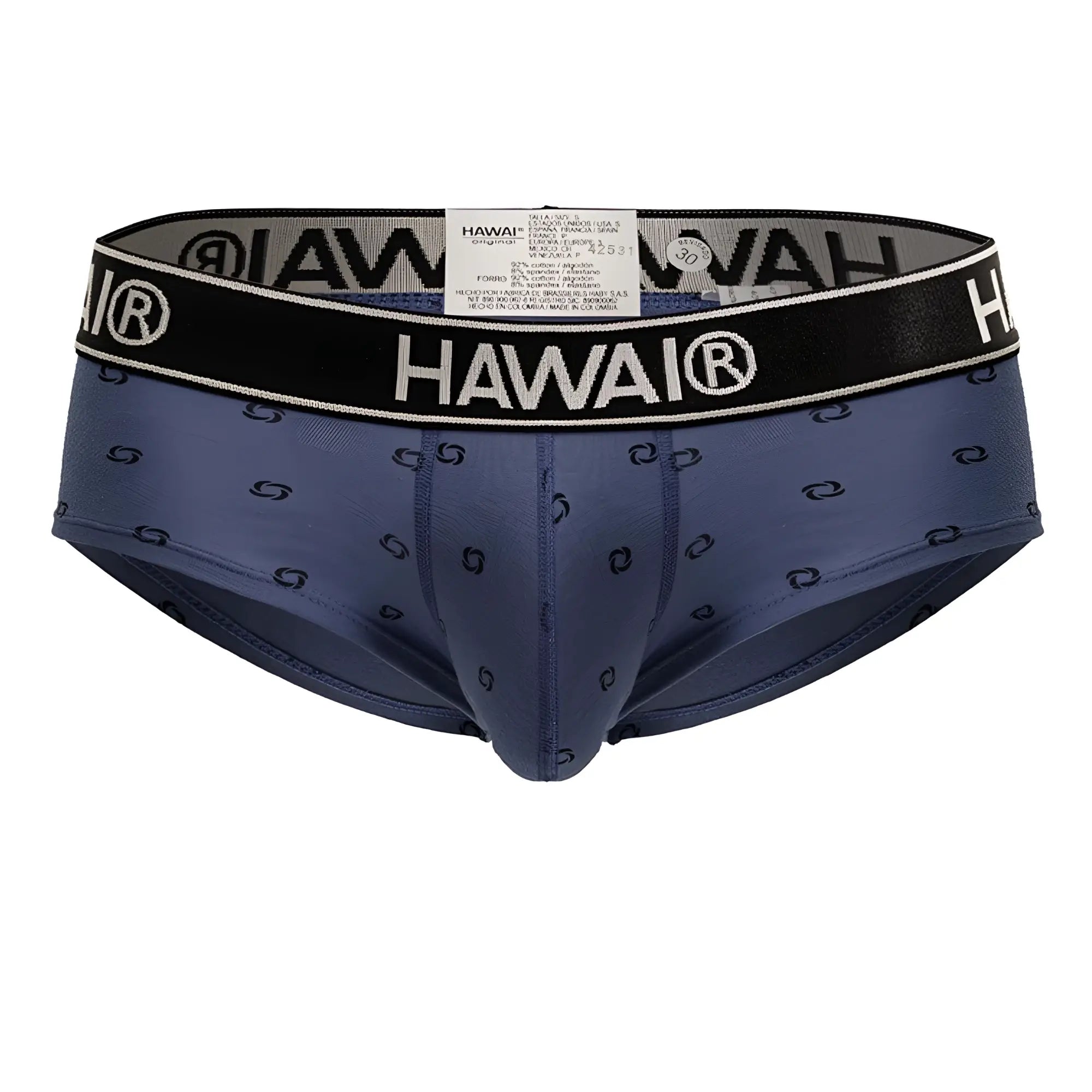 Navy blue hawai branded briefs with repeating black pattern and elastic waistband in cotton blend blue quartz material