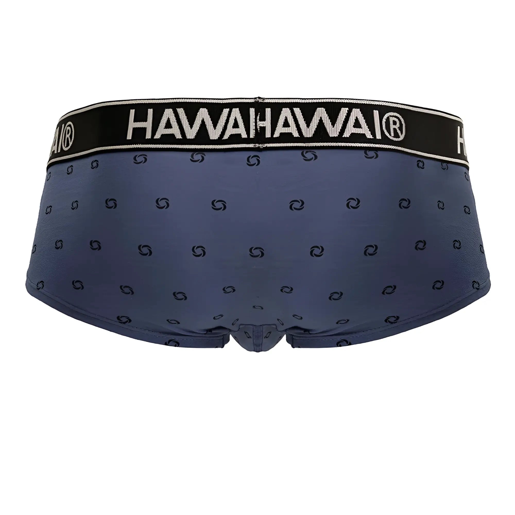 Navy blue cotton blend hawahawai briefs with black waistband and white logo swirl patterns in blue quartz color