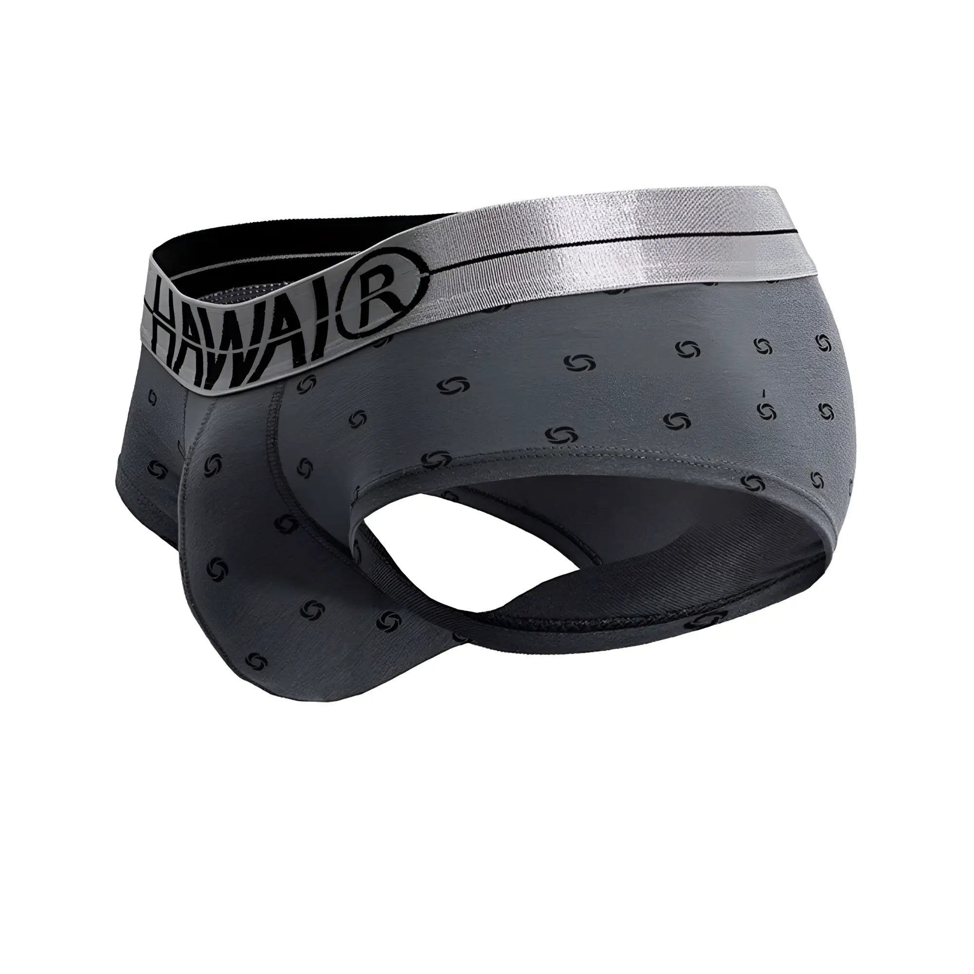 Gray hawai 42531 cotton blend men’s briefs with black s pattern and silver waistband featuring hawai logo