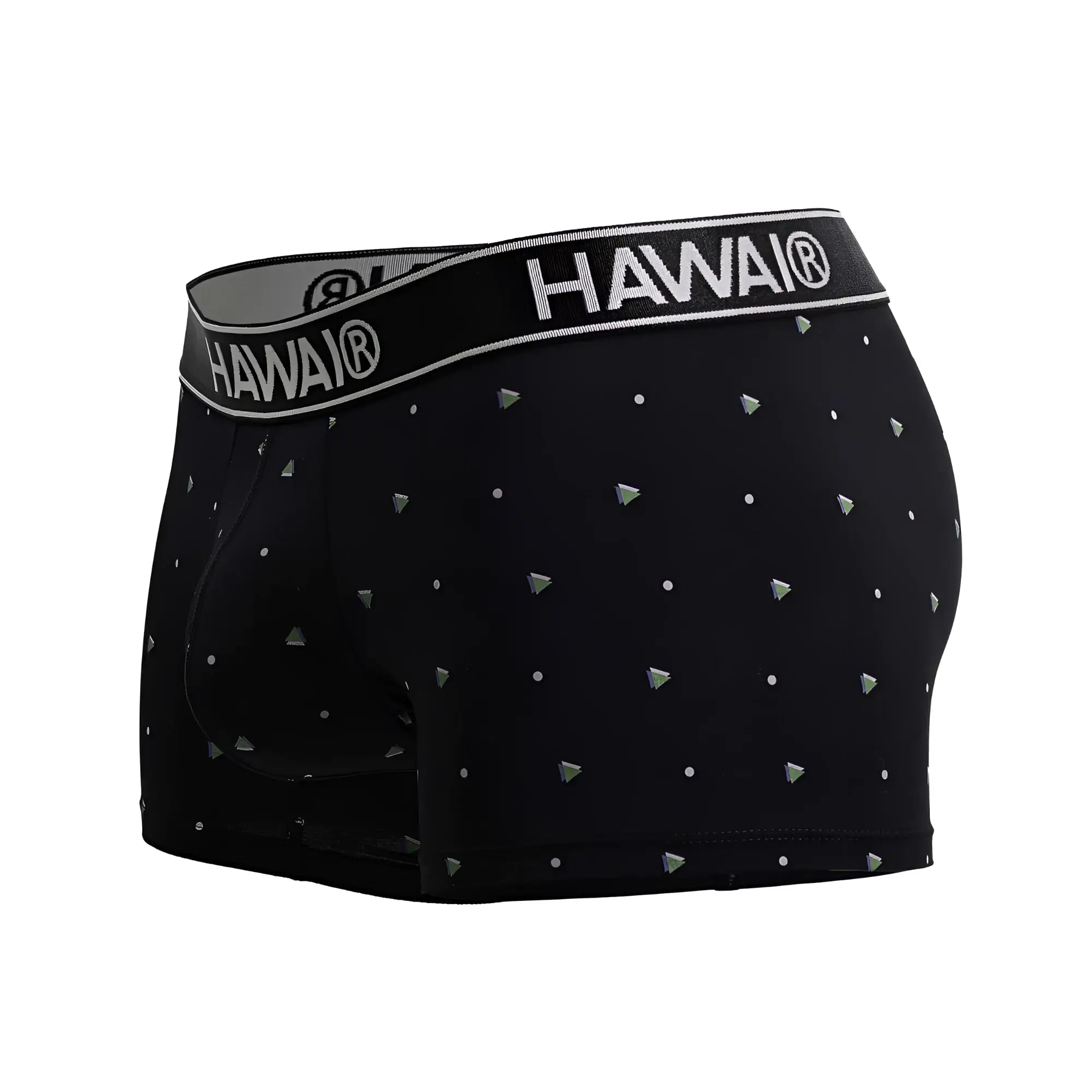 Black Hawai boxer briefs in black microfiber with silver triangular studs and small white dots pattern