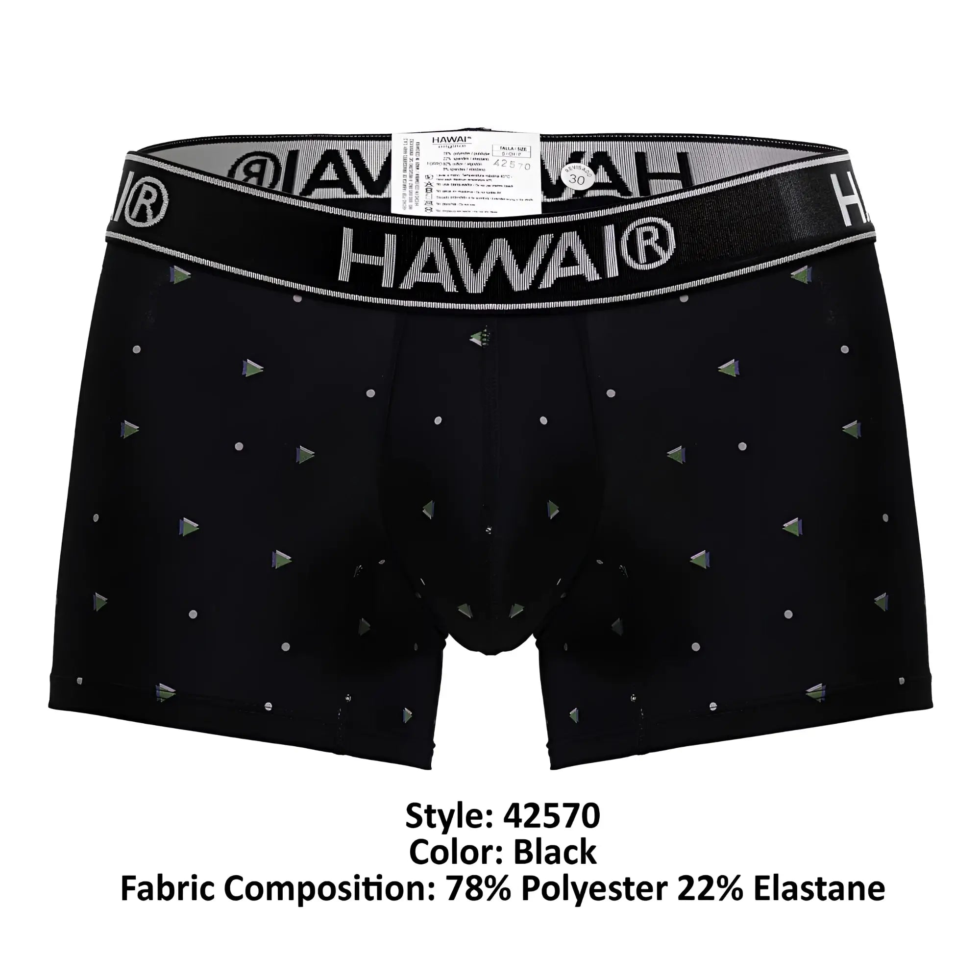 Hawai 42570 black microfiber boxer briefs with silver triangle and dot pattern and elastic waistband with brand name