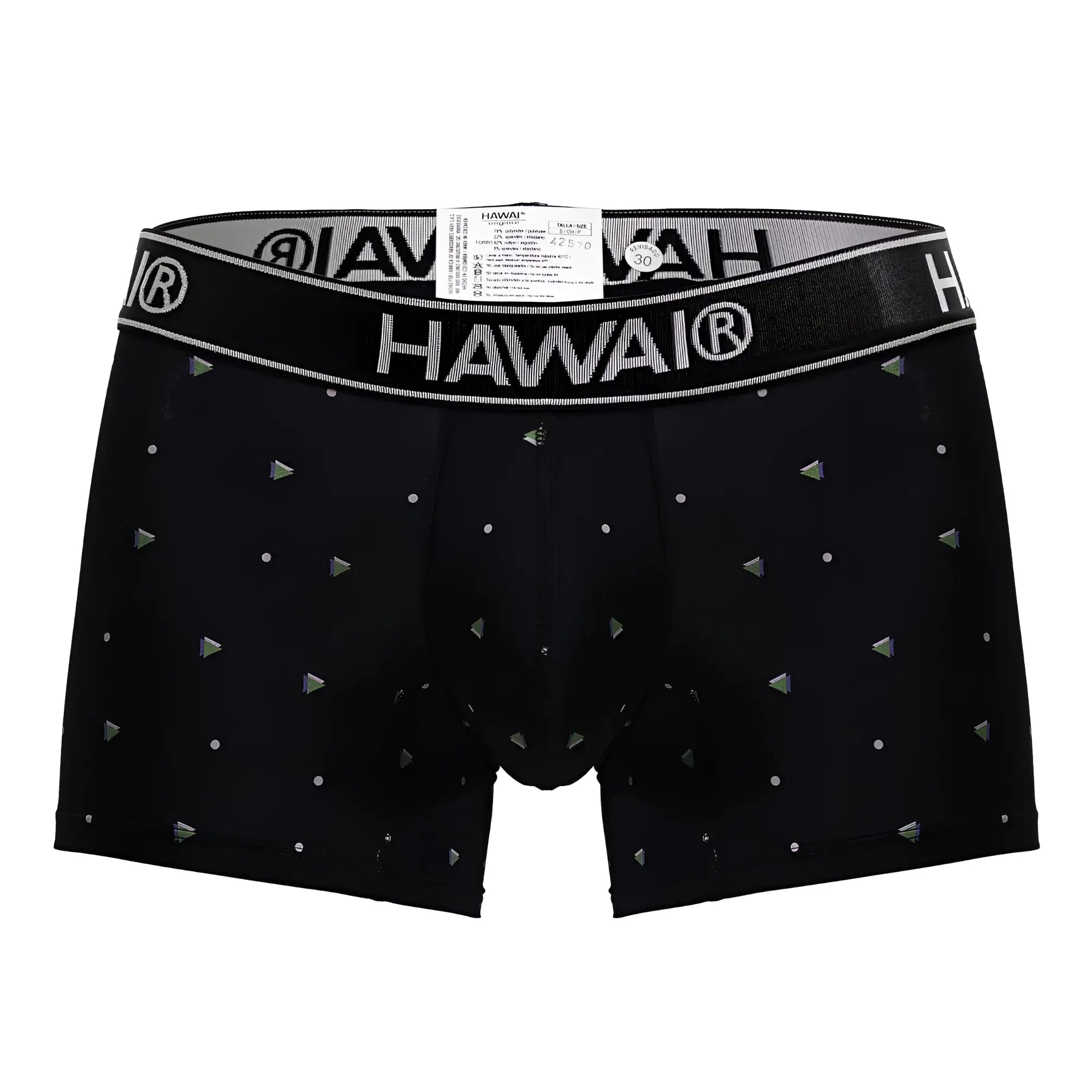 Black hawai 42570 microfiber boxer briefs in black with a silver logo band and metallic triangle and dot patterns