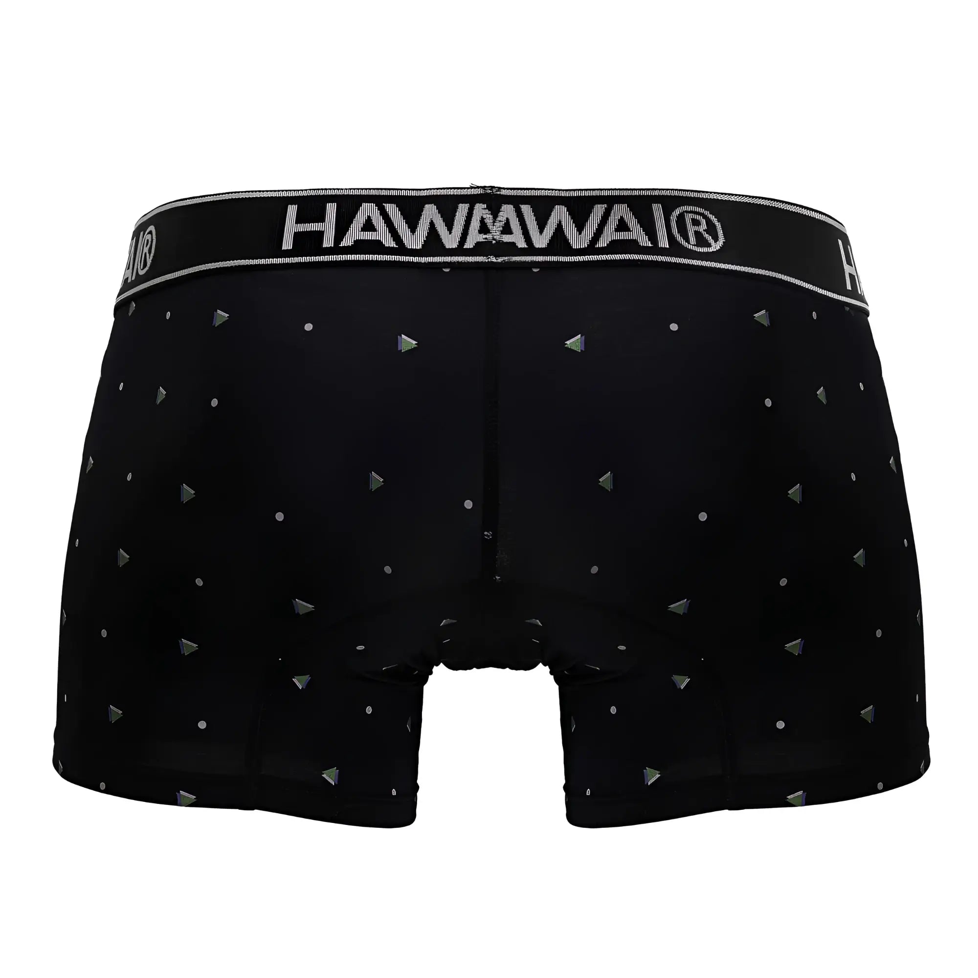 Black hawaii boxer briefs in microfiber with silver triangular and dot pattern designed for comfortable wear