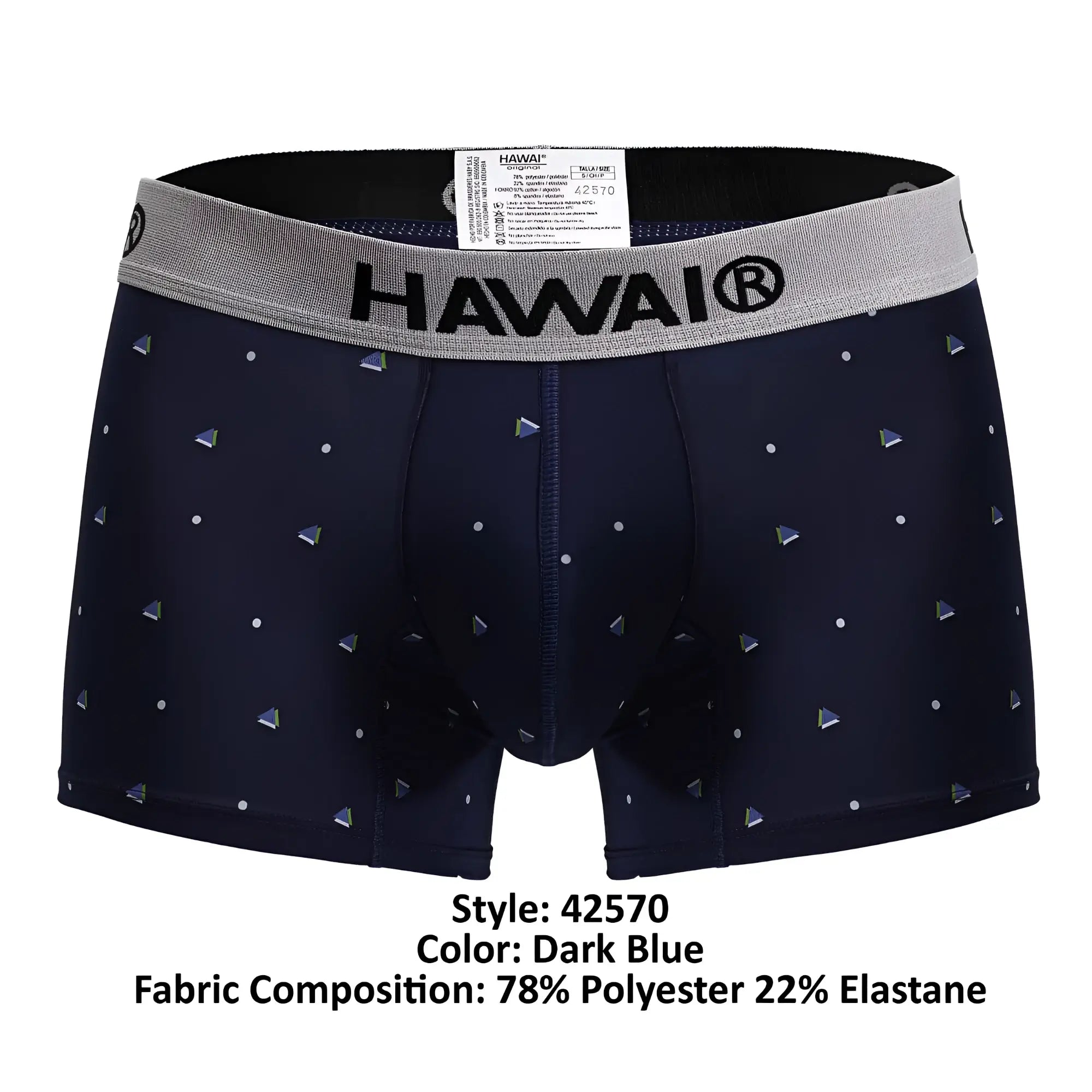 Dark blue hawaï 42570 microfiber trunks with gray waistband logo and small triangular patterns across the fabric
