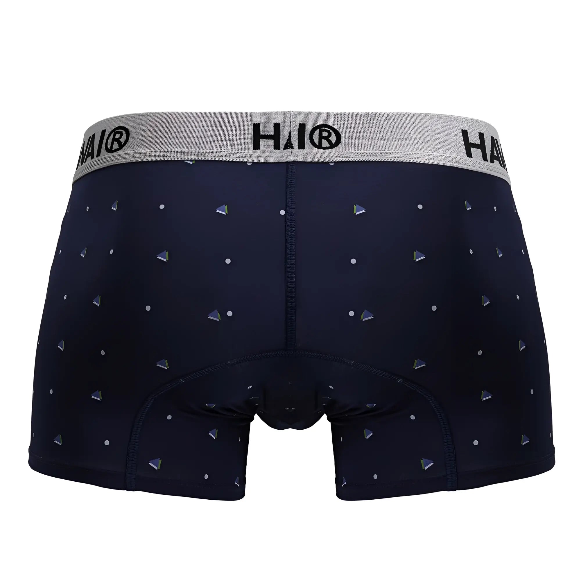 Dark navy microfiber boxer briefs with silver triangle and dot pattern and gray hai branded waistband hawai 42570 trunks