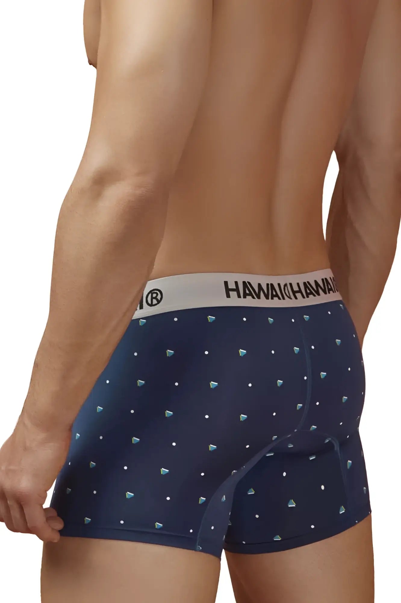 Navy blue hawaian 42570 microfiber boxer briefs with teal diamond pattern and white waistband for everyday comfort