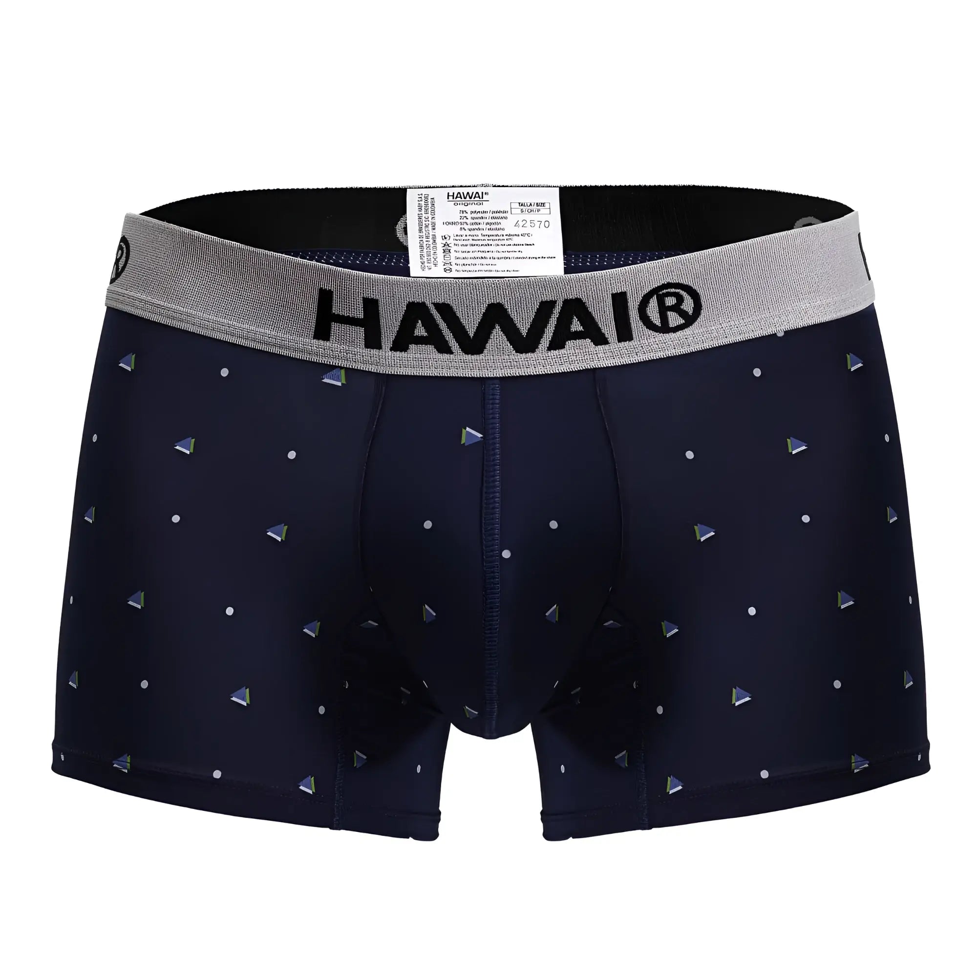 Navy blue hawaii microfiber trunks with gray waistband and silver triangular patterns for comfortable wear