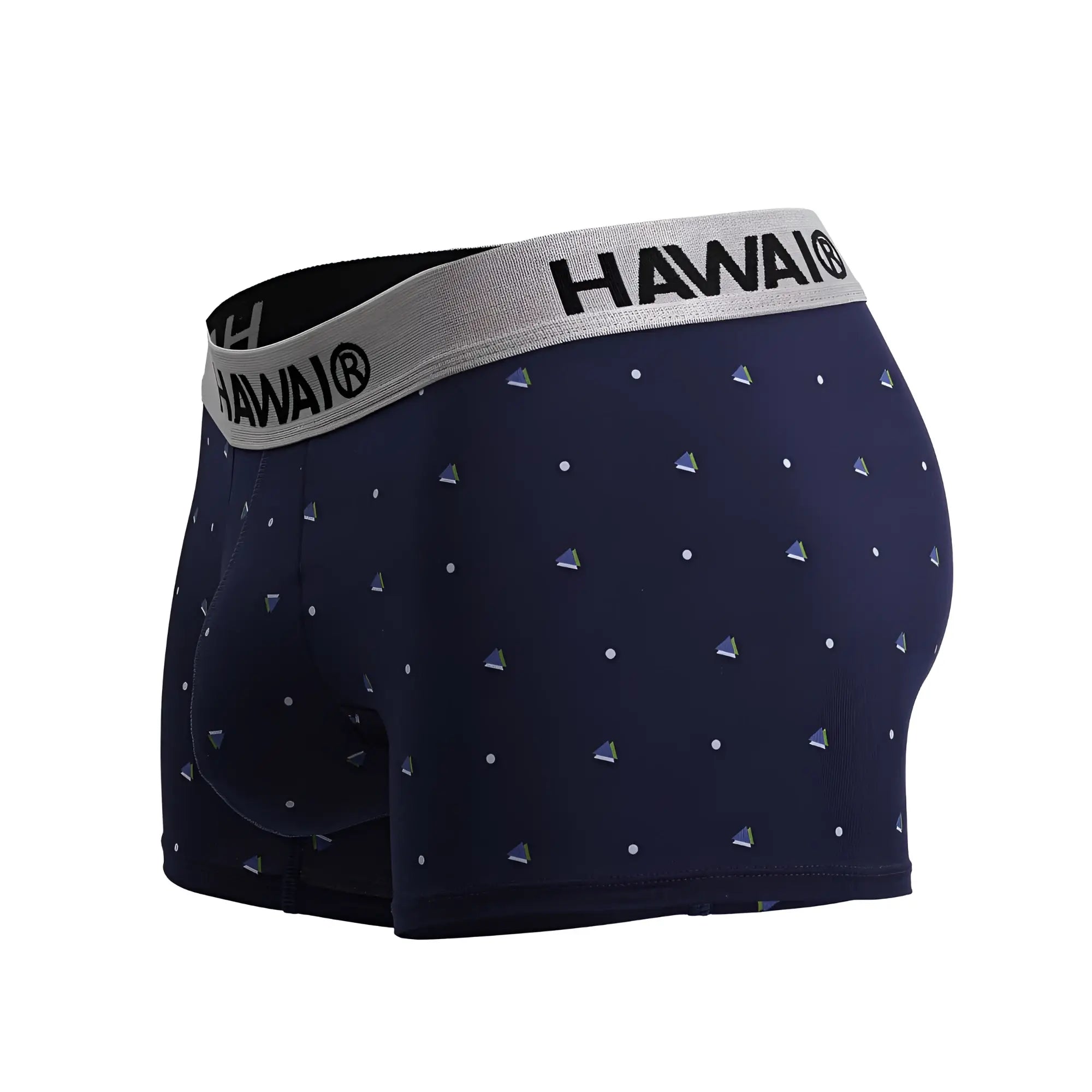 Navy blue hawaï 42570 microfiber trunks with gray waistband and silver white triangular dot patterns