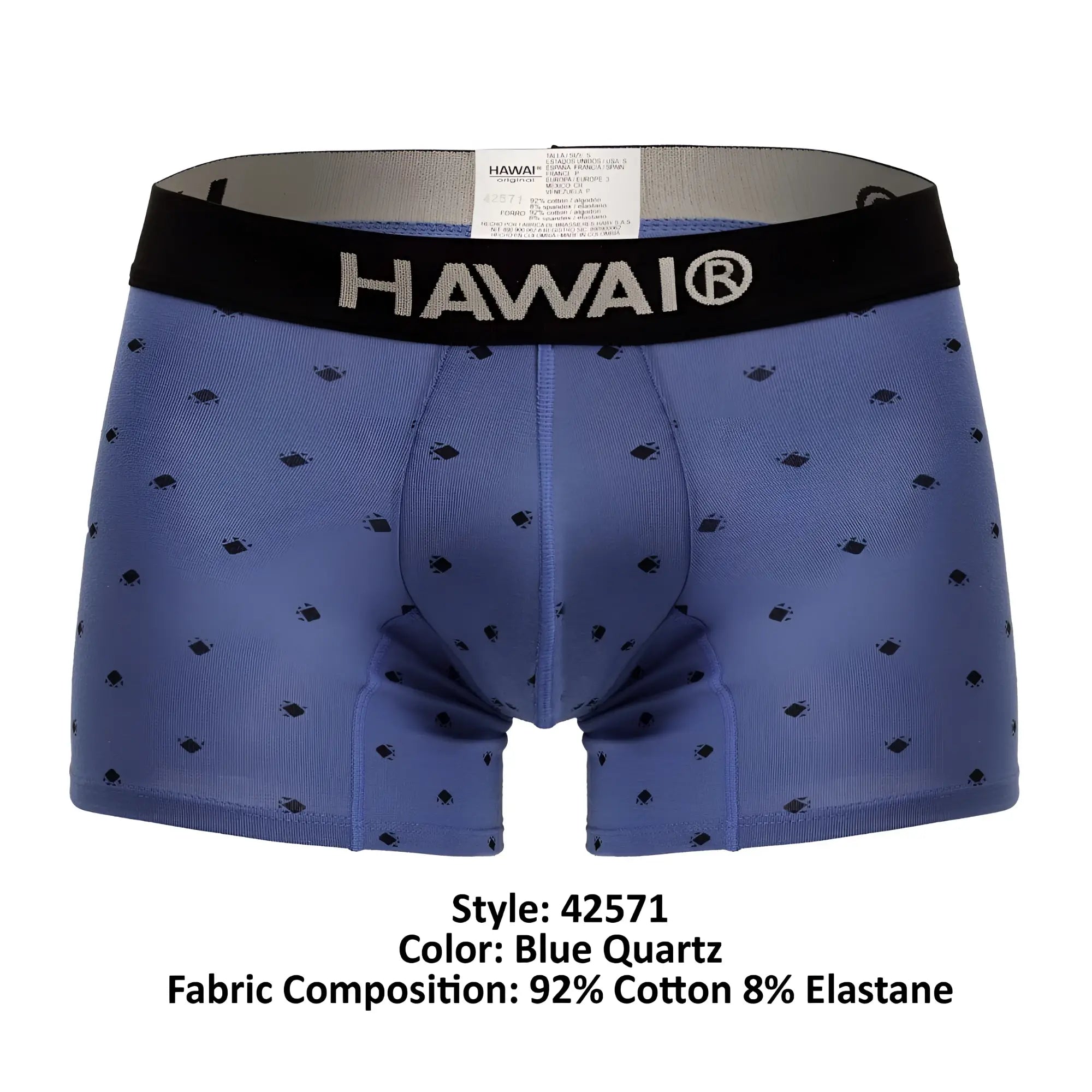 Blue quartz men’s boxer briefs with black hawai logo waistband made from 92 percent cotton 8 percent elastane