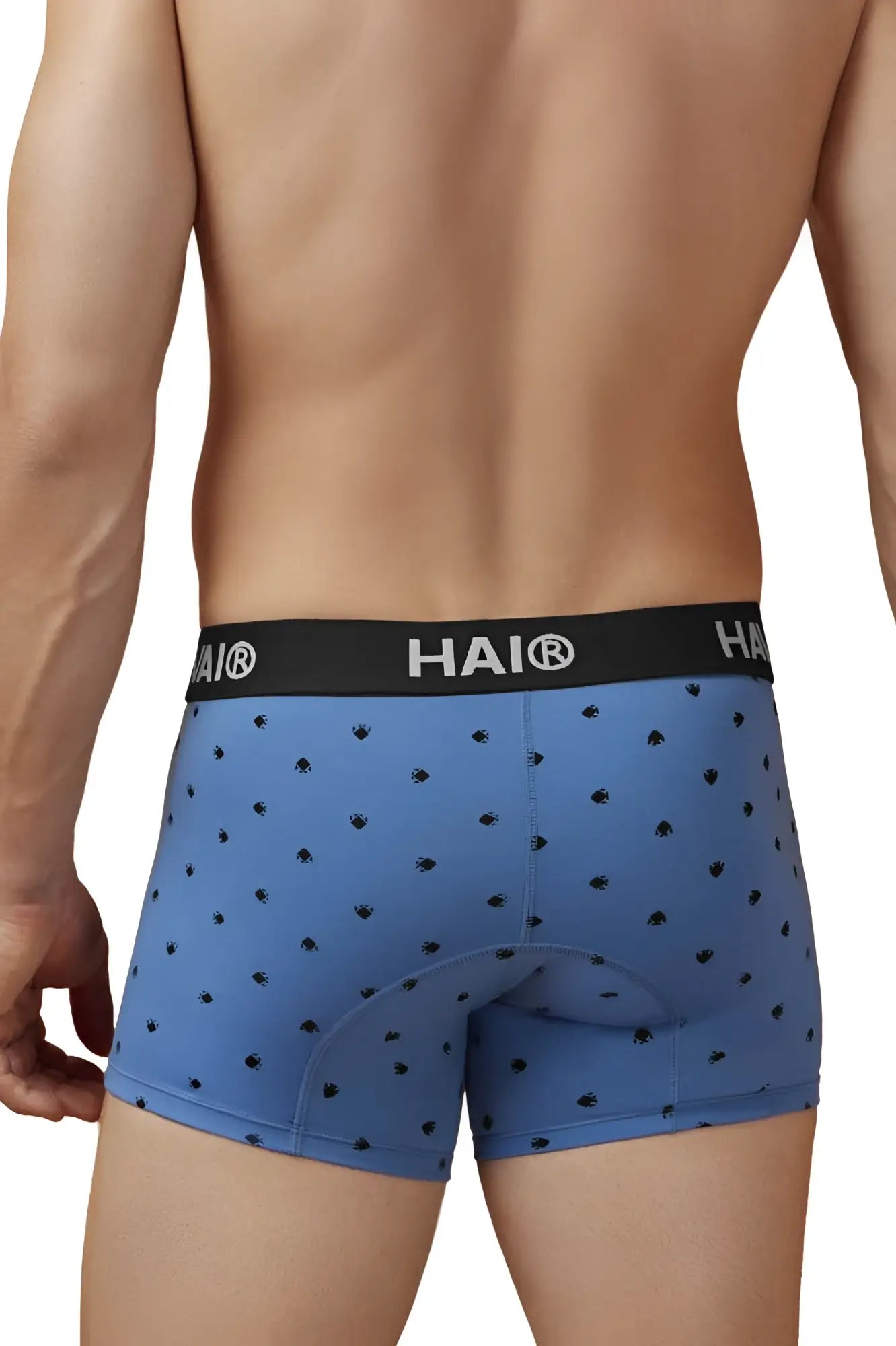 Blue hai boxer briefs in blue quartz with black paw print pattern and padded rear section cotton blend trunks