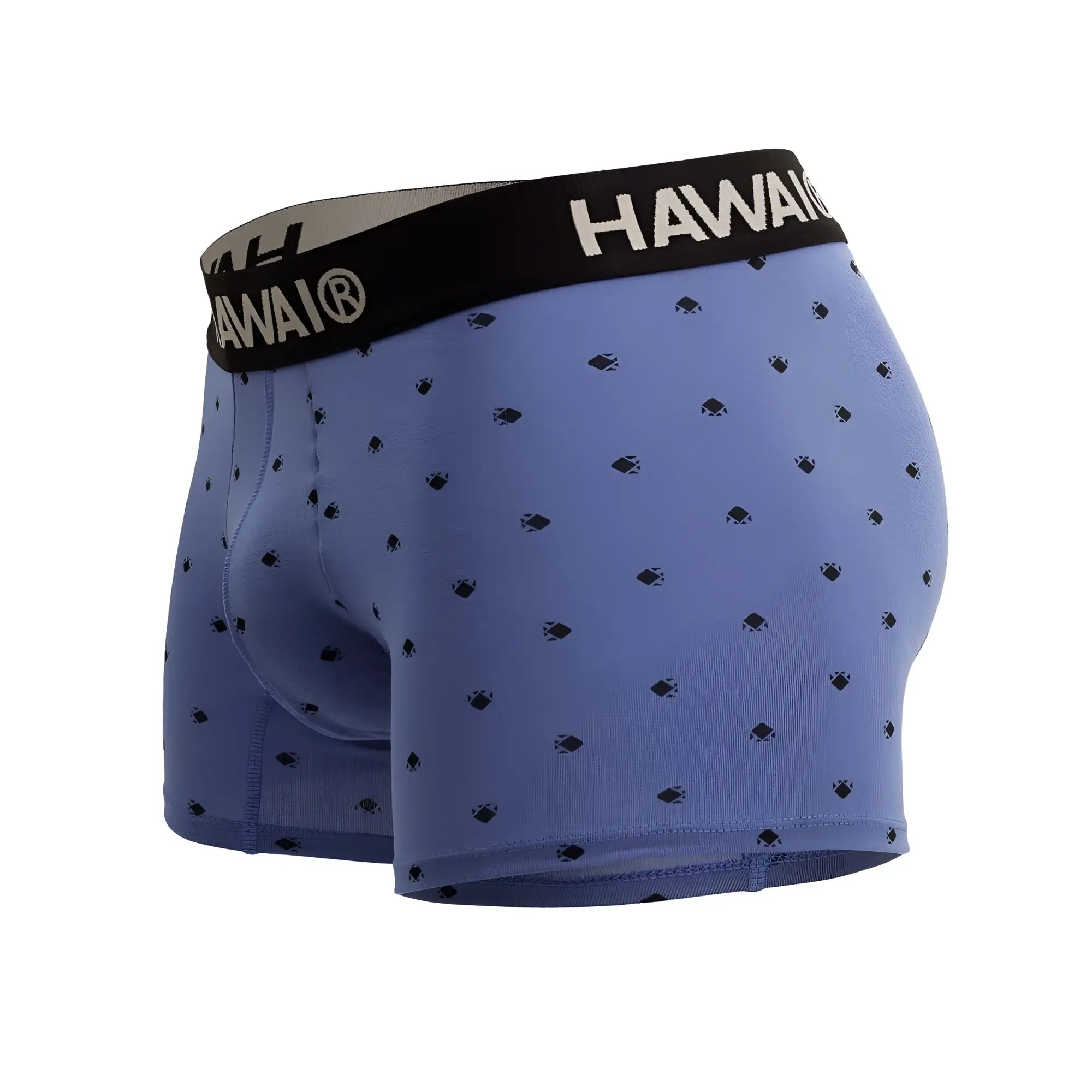 Blue hawaiian boxer briefs with cotton blend fabric black waistband white hawaii branding and small fish patterns