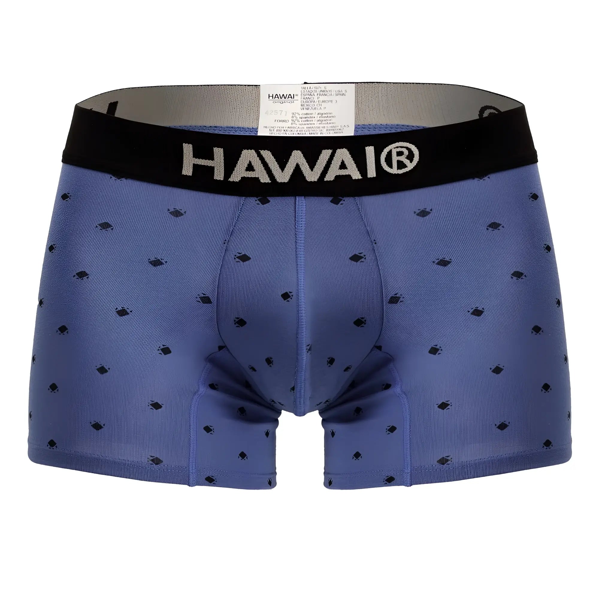 Blue hawaiian boxer briefs with black logo waistband and diamond patterns in cotton blend fabric color blue quartz