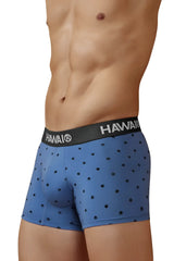 Blue hawaiian boxer briefs with black elastic branded waistband and black palm tree prints in cotton blend fabric