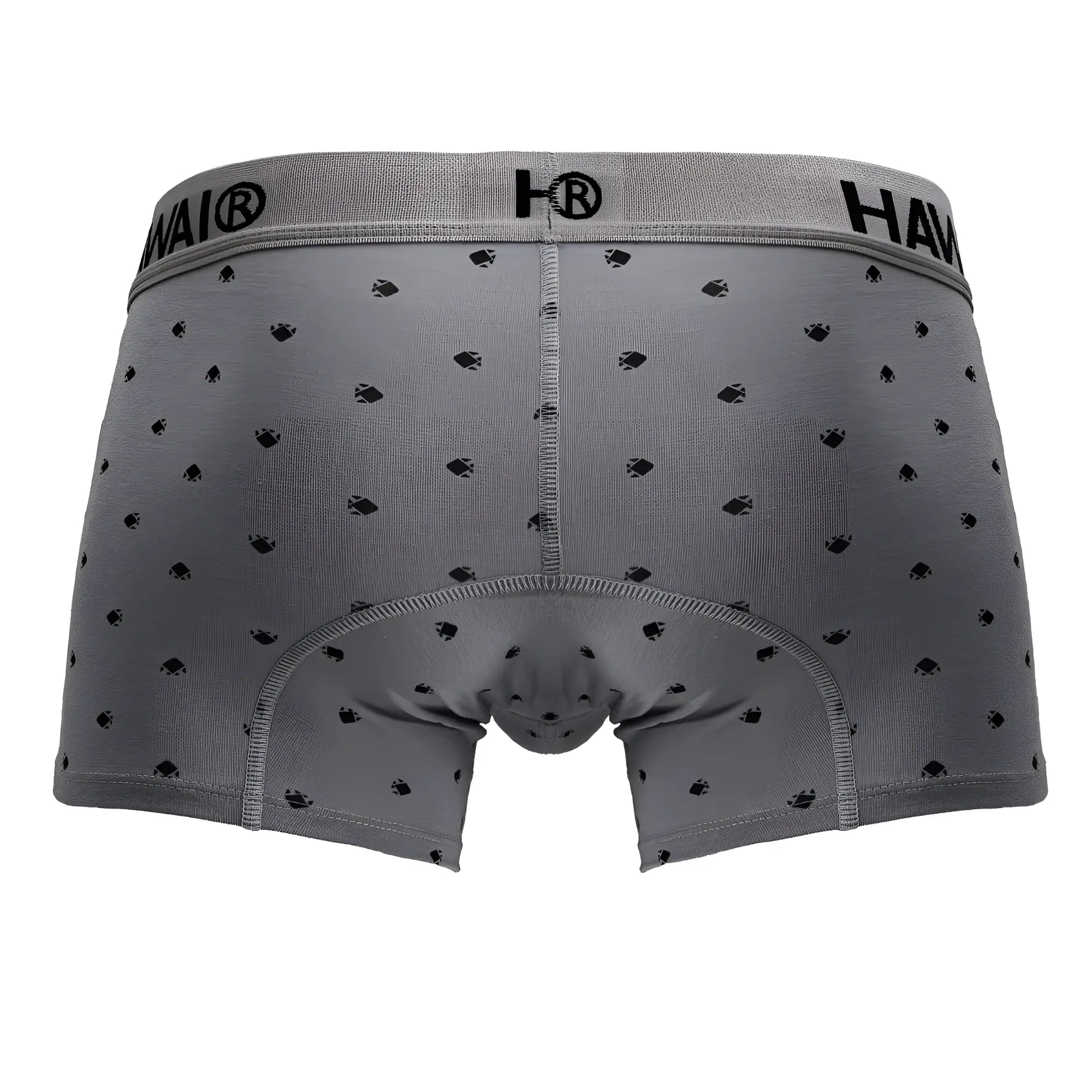 Gray cotton blend boxer briefs with black fish pattern and elastic waistband featuring hawai brand logo