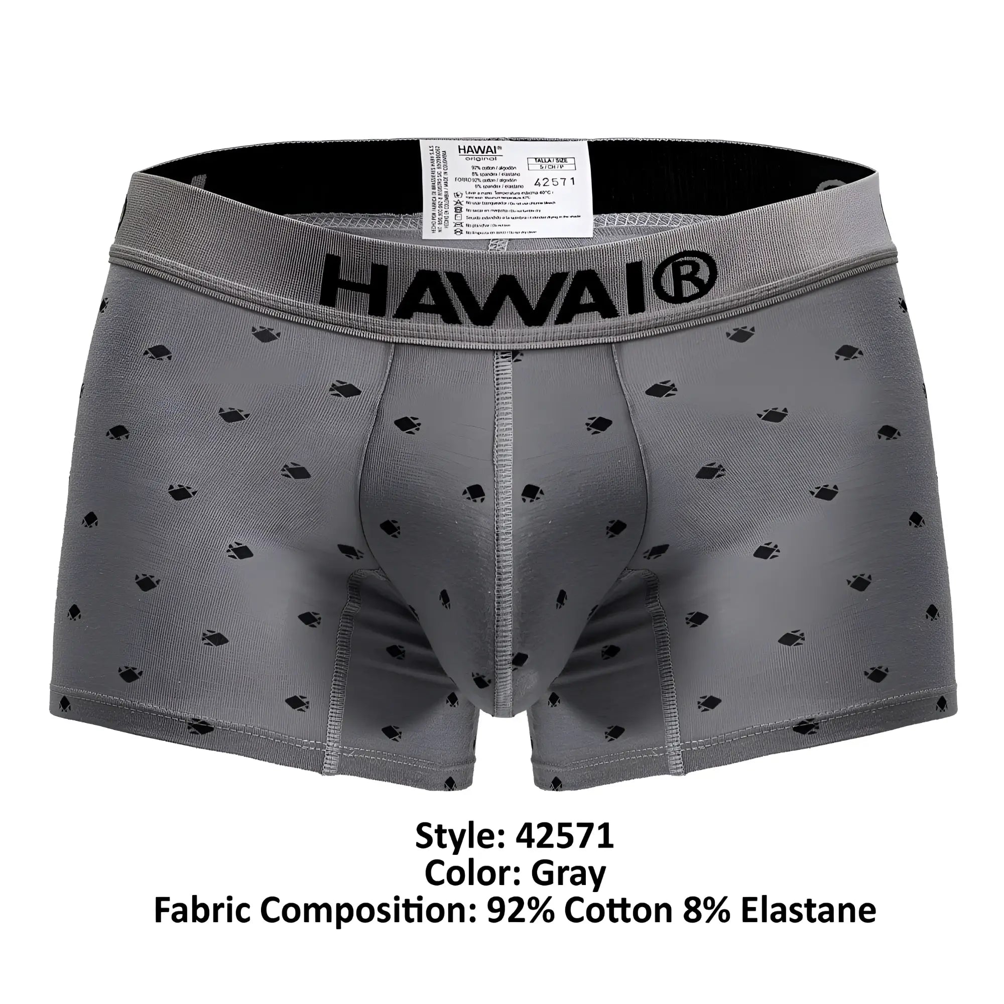 Gray hawaii brand cotton blend boxer briefs with subtle black fish pattern and elastic waistband trunks