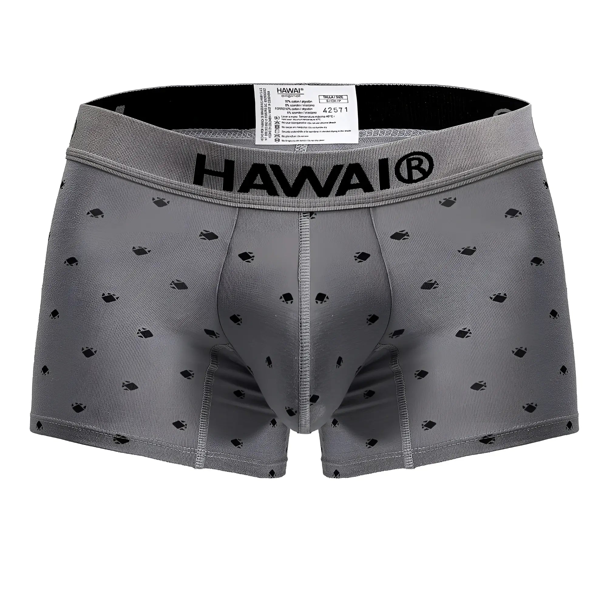 Gray hawaii brand men’s cotton blend boxer briefs with subtle black fish pattern and reinforced stitching