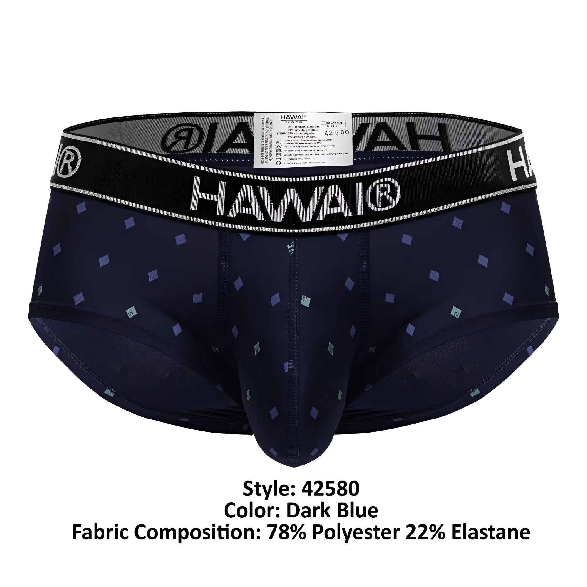 Dark blue Hawai 42580 microfiber men’s briefs with subtle geometric pattern and black elastic waistband with logo