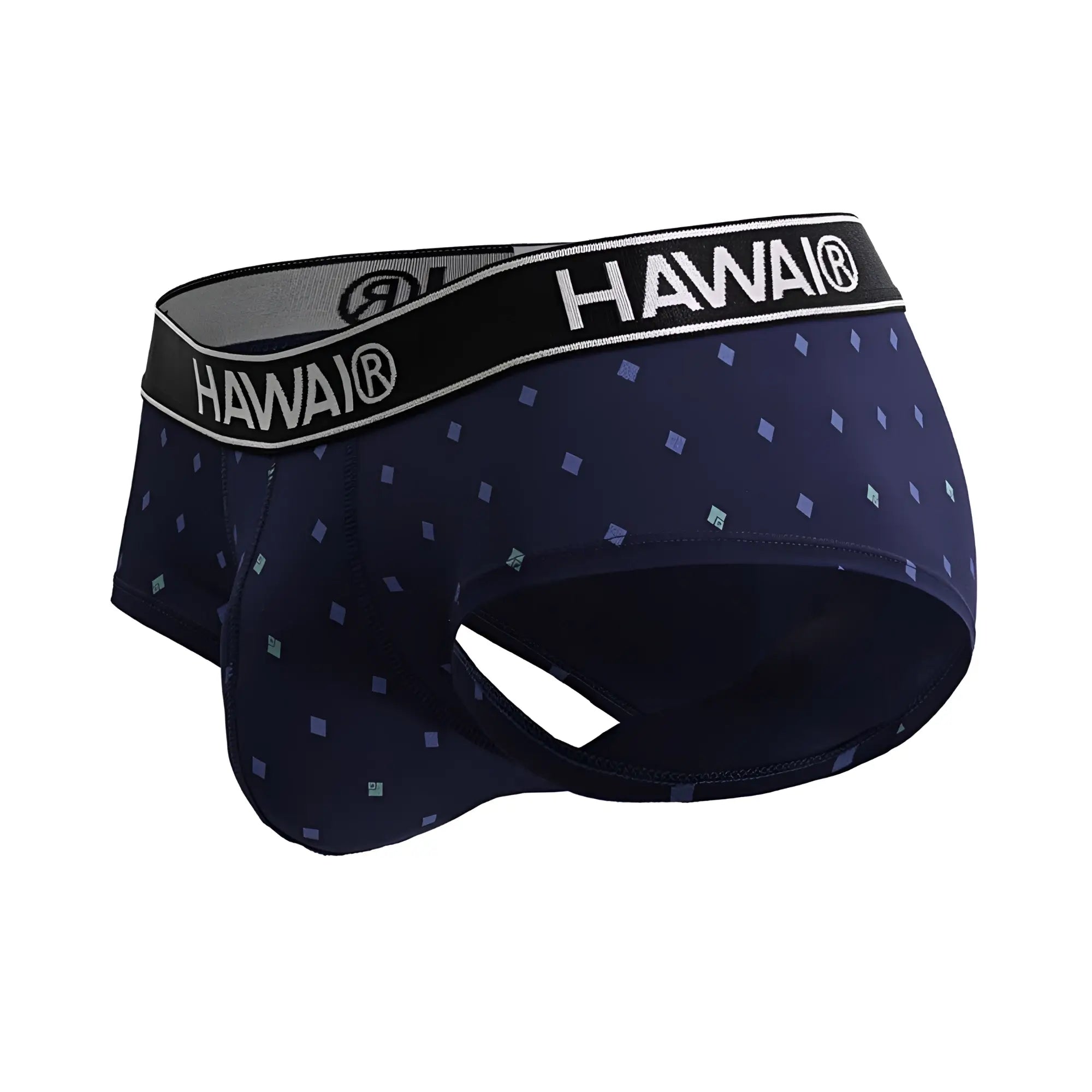 Dark blue hawai 42580 microfiber men’s briefs with a subtle light purple and teal diamond pattern on fabric