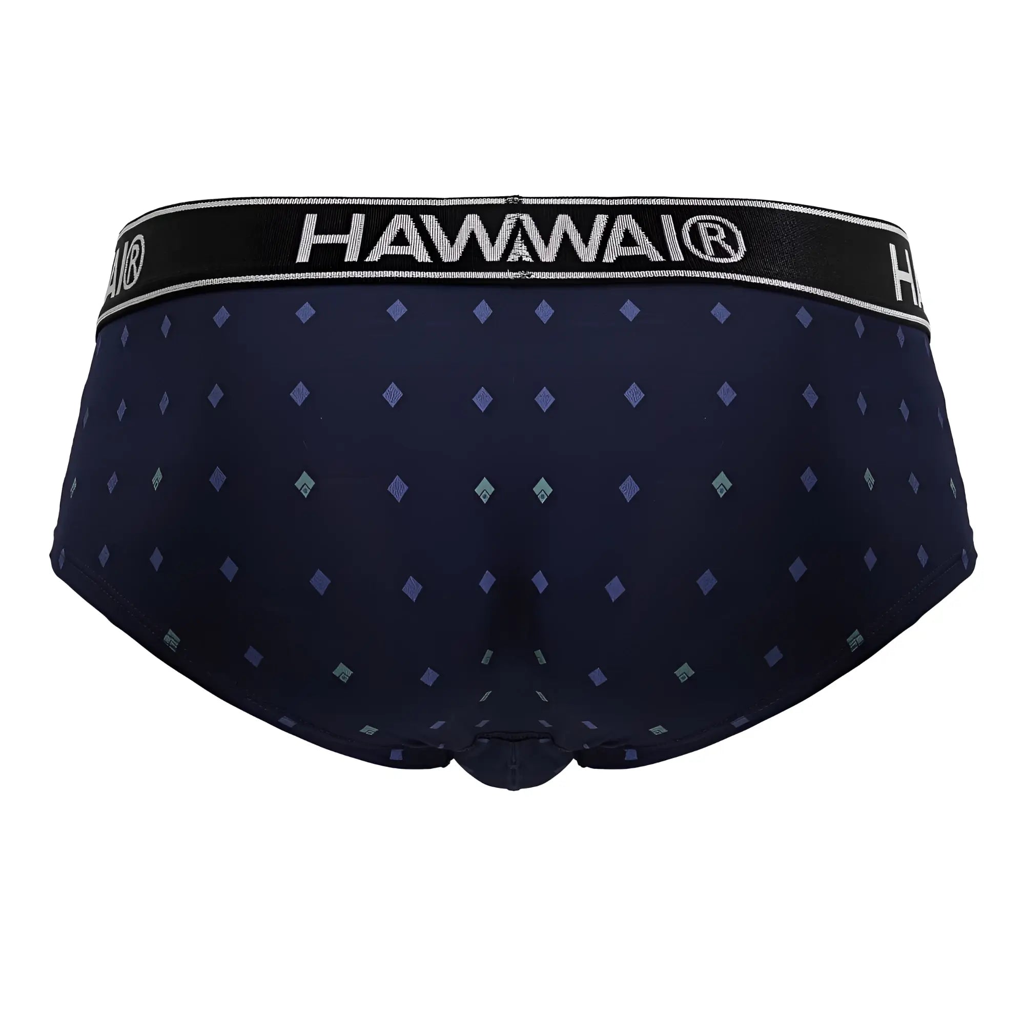 Dark navy blue hawaiian men’s microfiber briefs with purple teal diamond pattern and black elastic waistband with hawaii branding