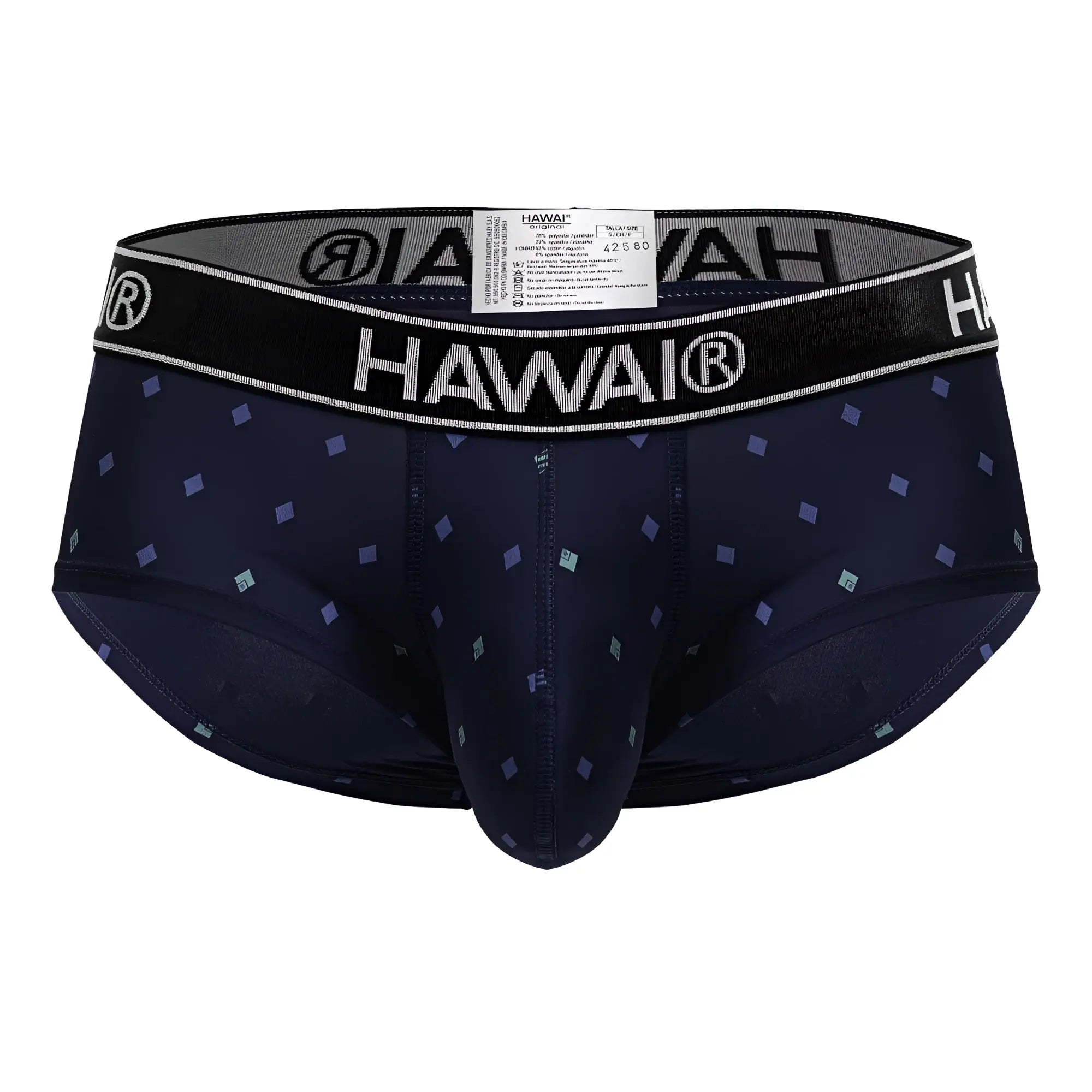 Dark navy blue hawaï 42580 microfiber briefs with light purple and teal diamond pattern on the front