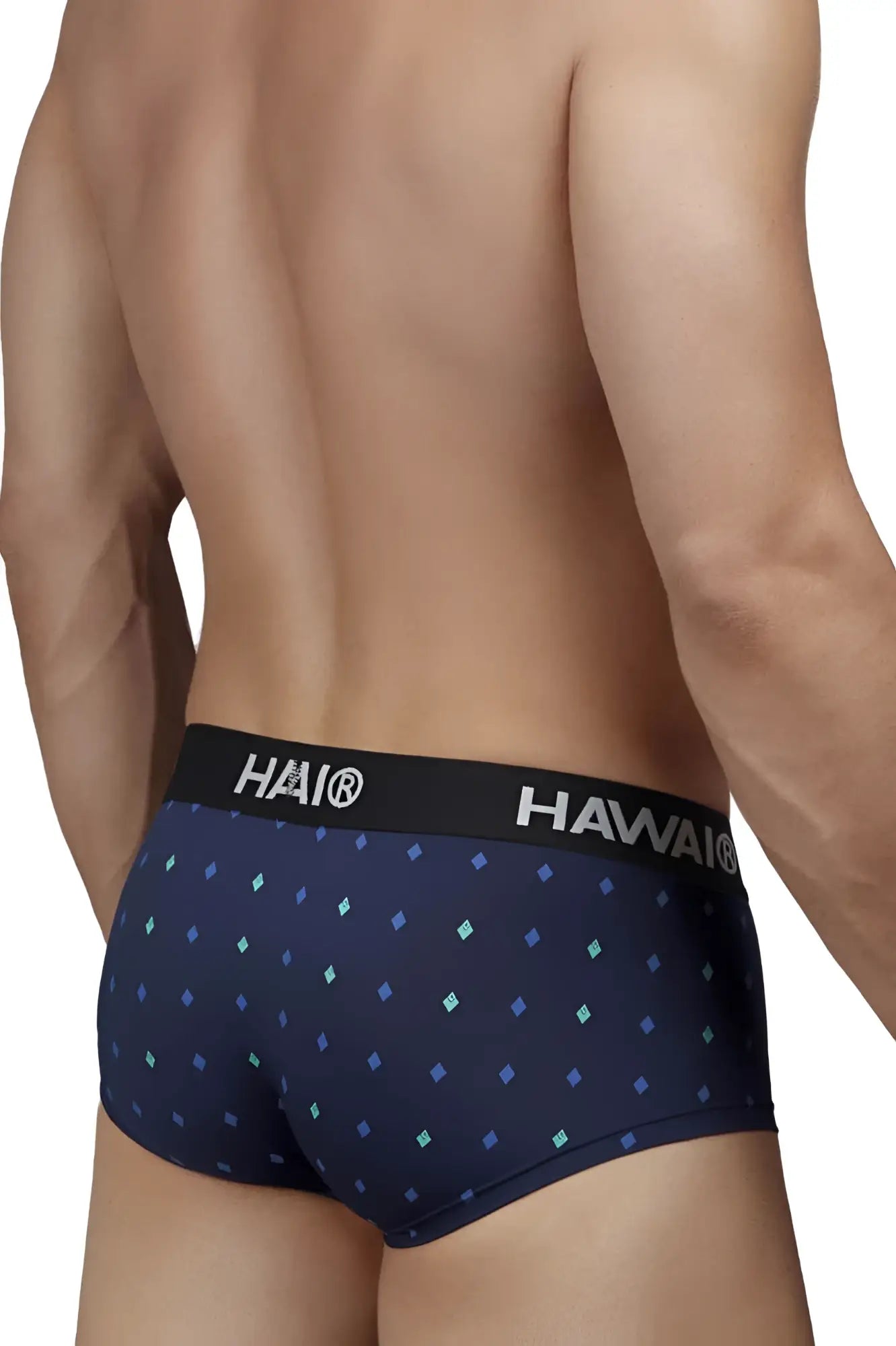 Navy blue hawa 42580 microfiber briefs with light teal and purple diamond pattern and black hai branded waistband