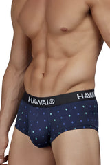 Navy blue hawaï 42580 microfiber briefs with light teal and purple square pattern and black branded waistband