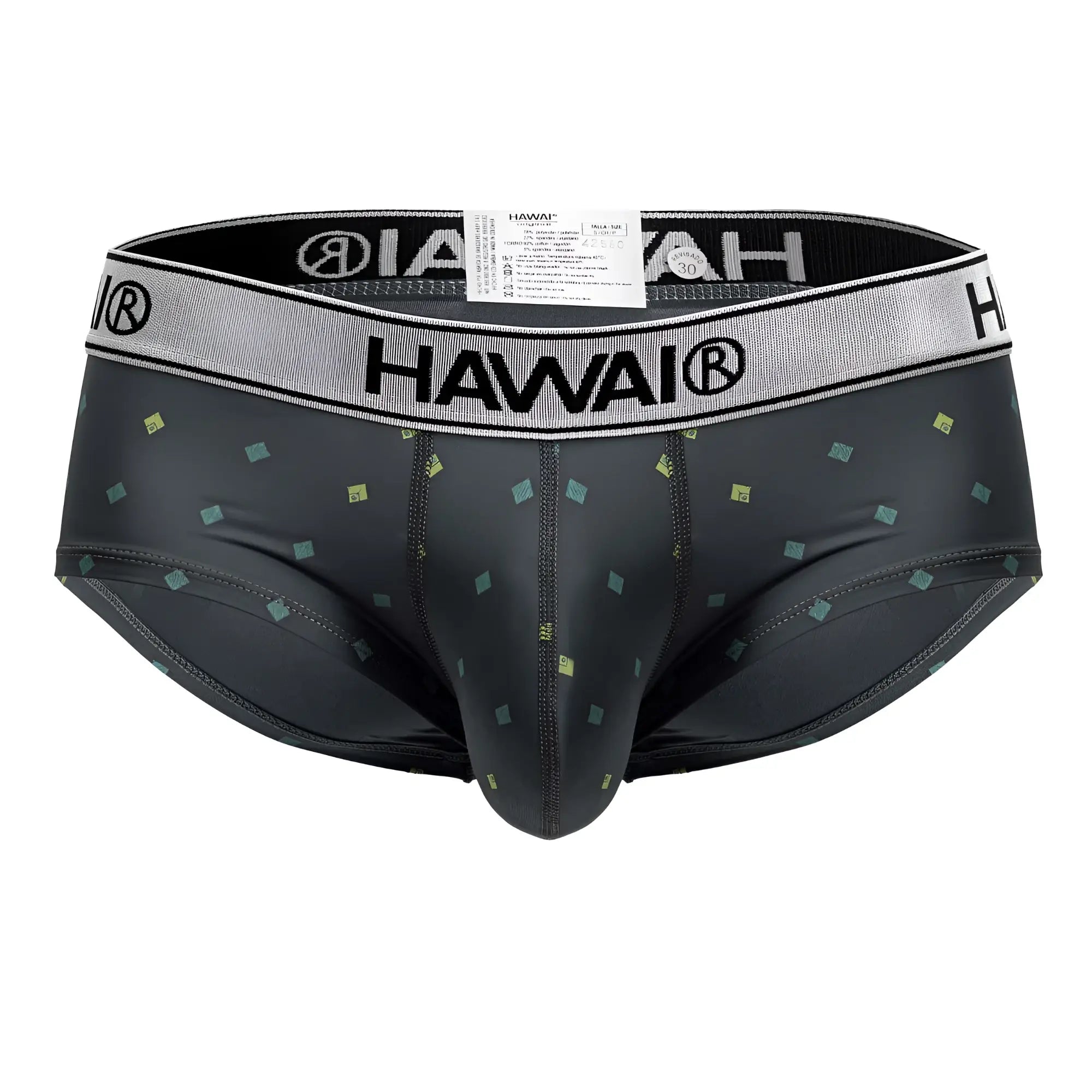 Black Hawai 42580 microfiber men’s briefs in gray with green and yellow square pattern and gray waistband with black branding
