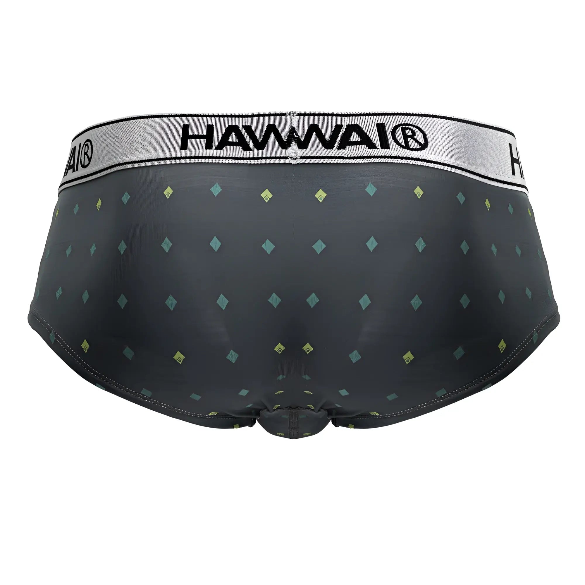 Black hawaii gray microfiber briefs with a subtle pattern of light green and yellow diamonds across the fabric
