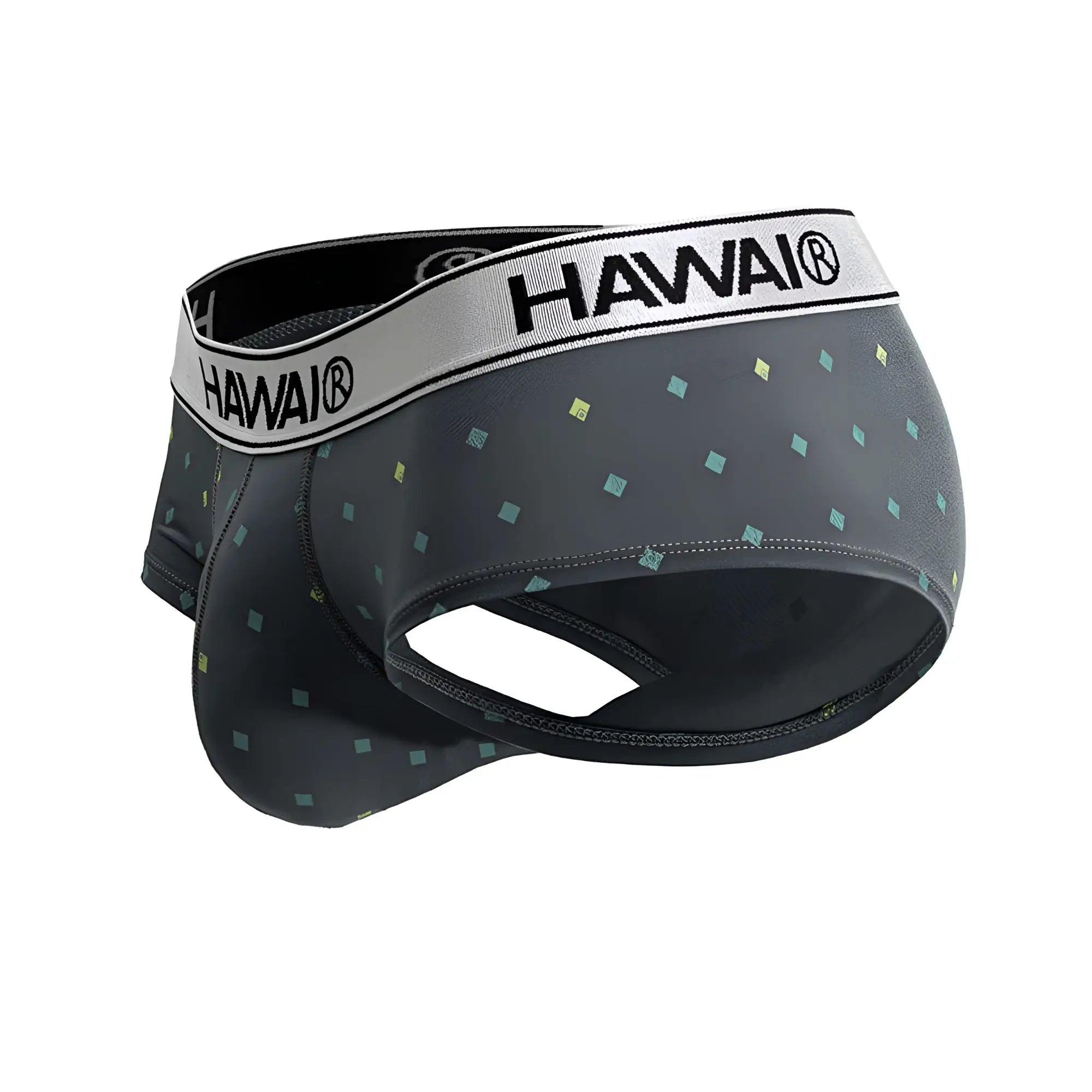 Dark gray Hawai 42580 microfiber briefs with teal and gold square pattern and contrasting silver waistband