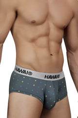 Gray hawai 42580 microfiber men’s briefs with subtle blue and yellow square pattern on fabric
