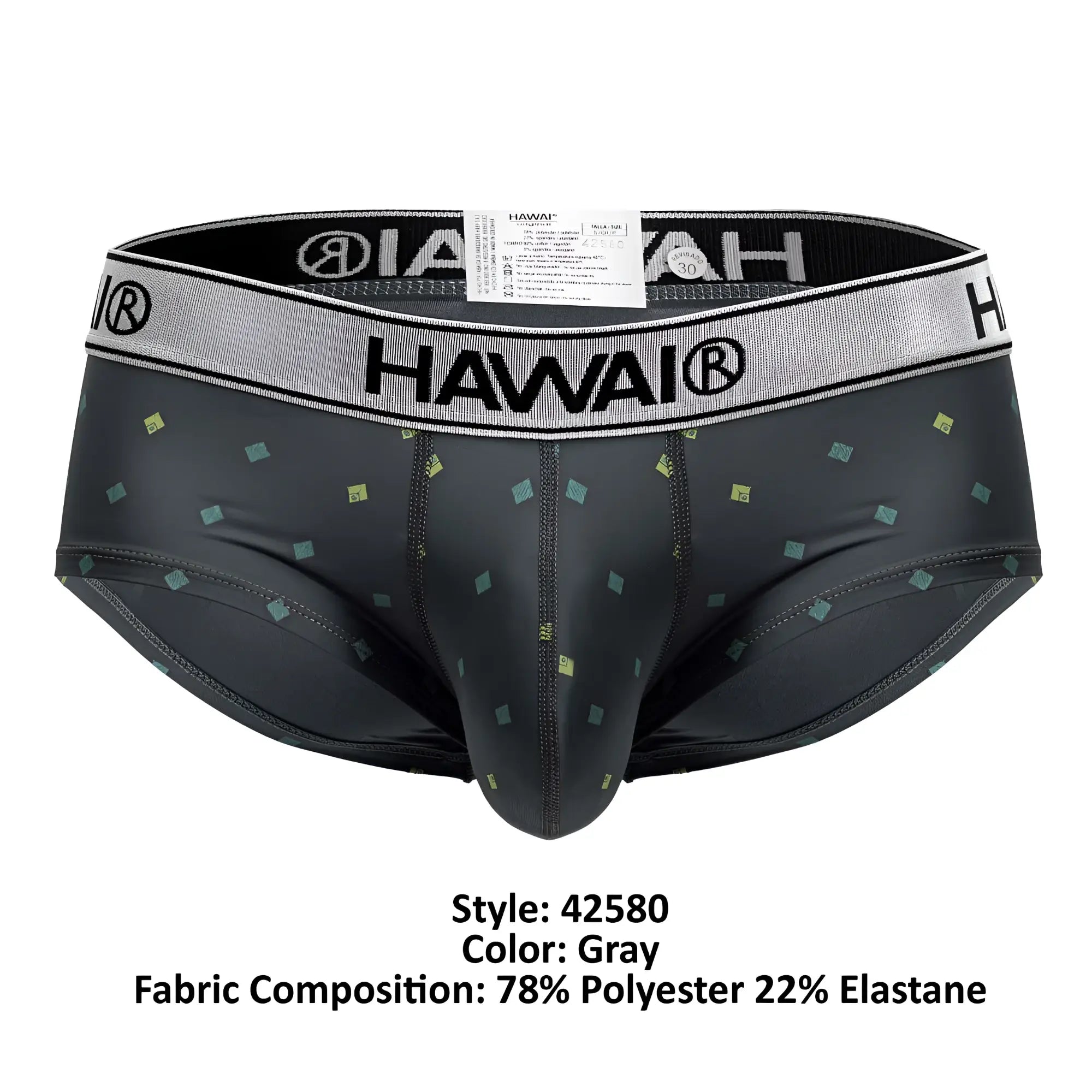 Gray Hawai 42580 microfiber men’s briefs with a subtle pattern of small green and yellow squares on the fabric
