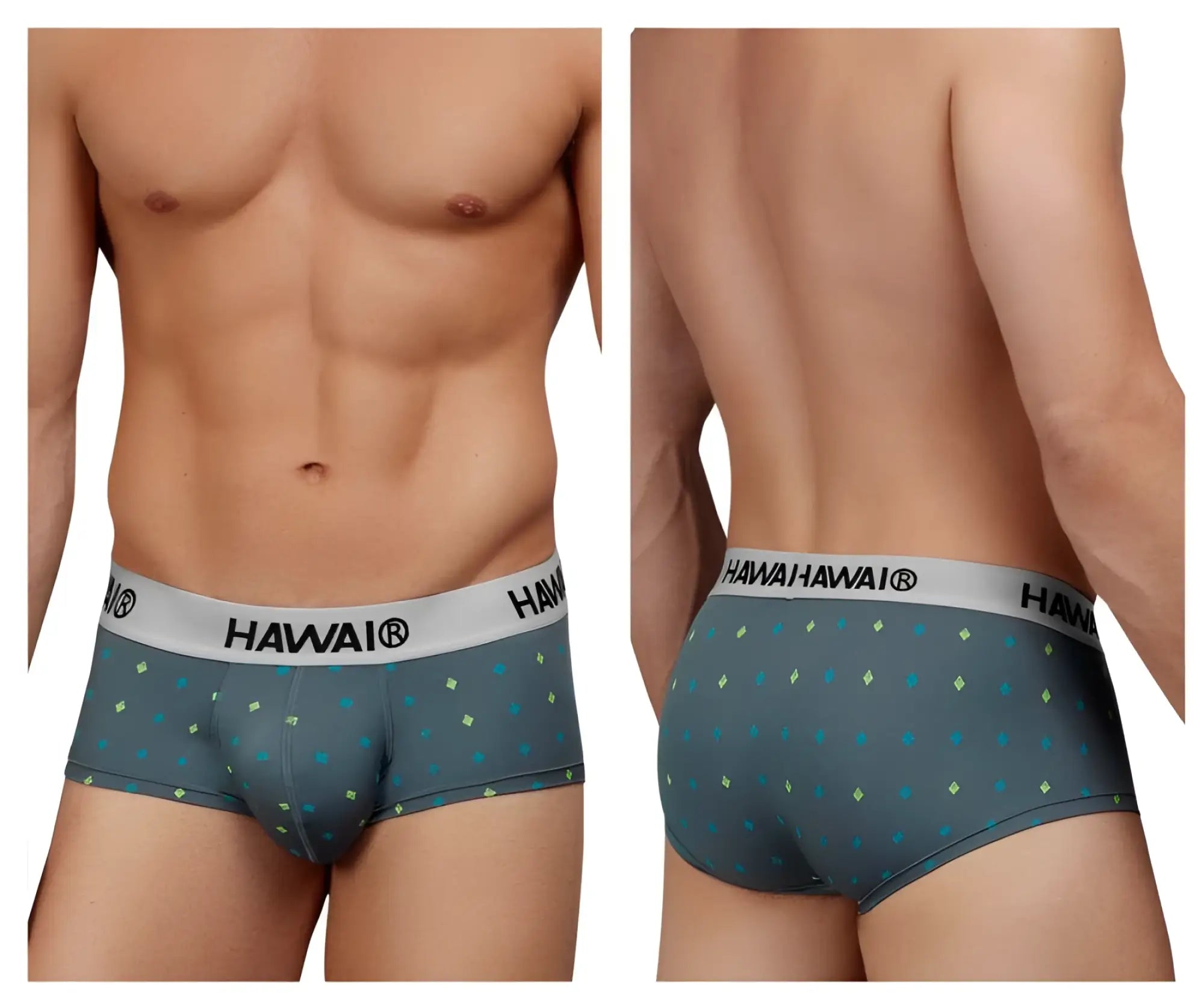 Gray microfiber briefs with hawaiian pattern and white waistband featuring hawaii brand name in black lettering