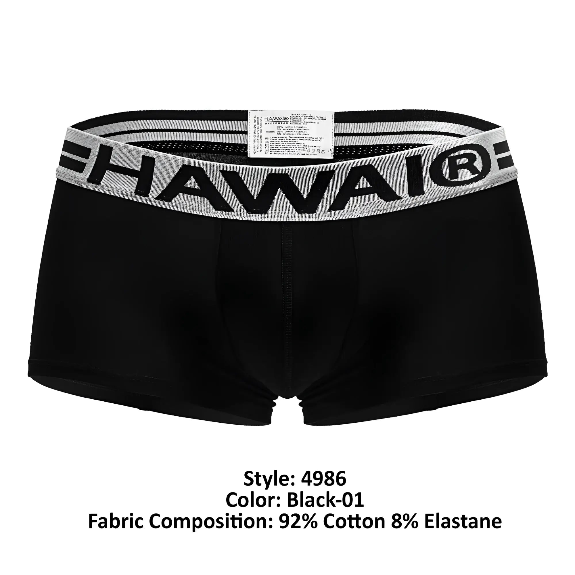 Black hawai cotton blend boxer briefs in black with gray elastic waistband featuring bold black lettering