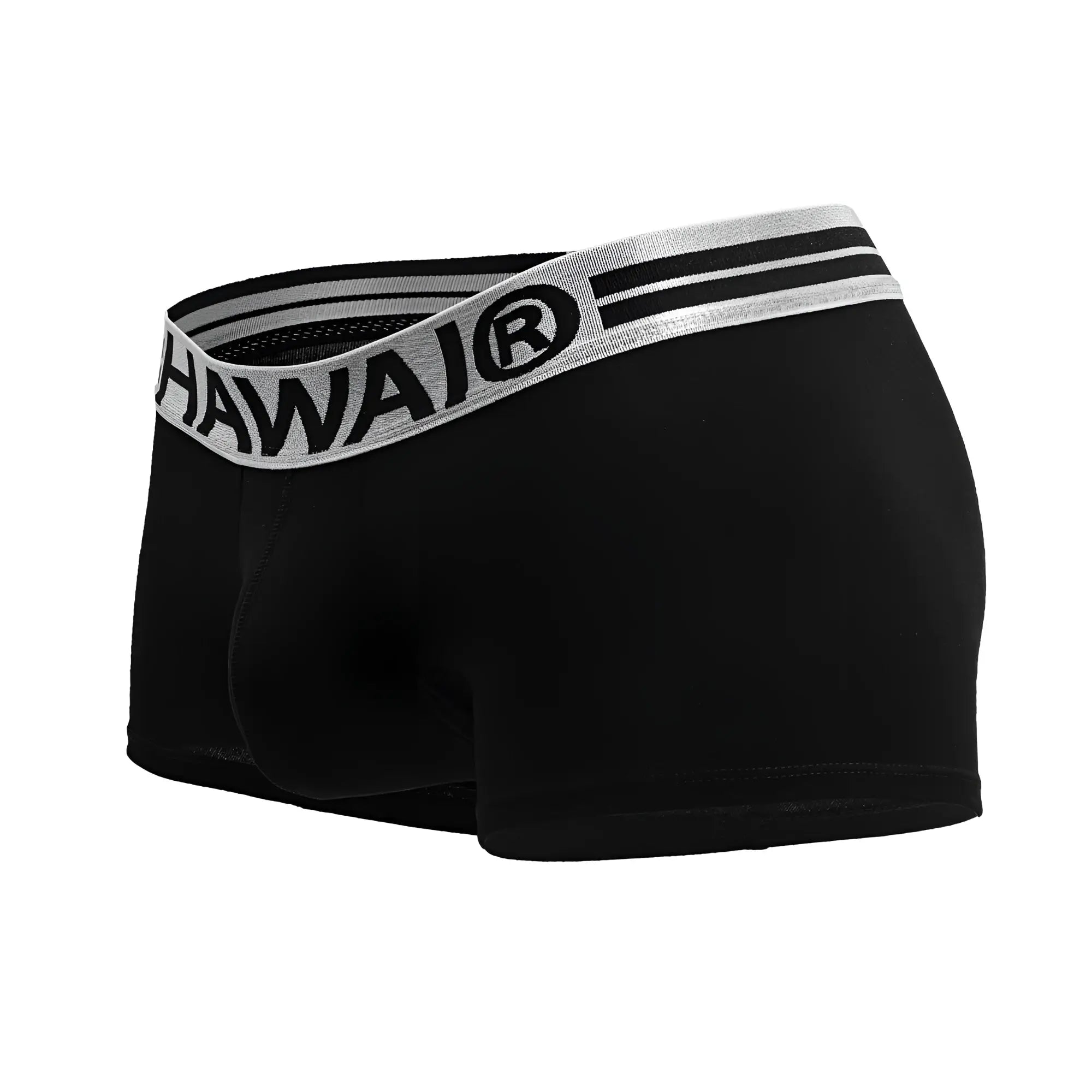 Black hawai 4986 cotton blend boxer briefs in black with silver waistband featuring black lettering and two stripes