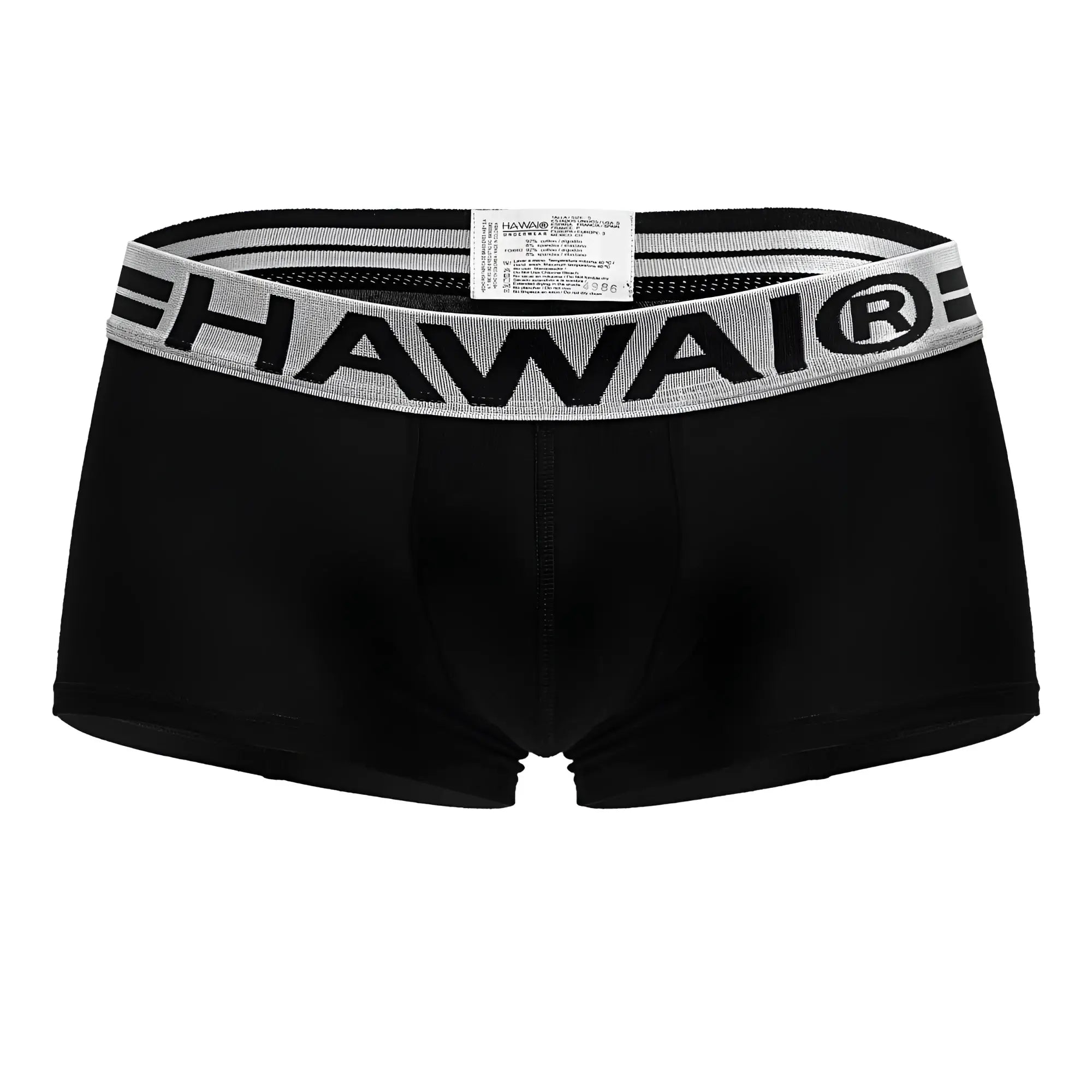 Black hawai cotton blend trunks in black with gray elastic waistband featuring bold black lettering
