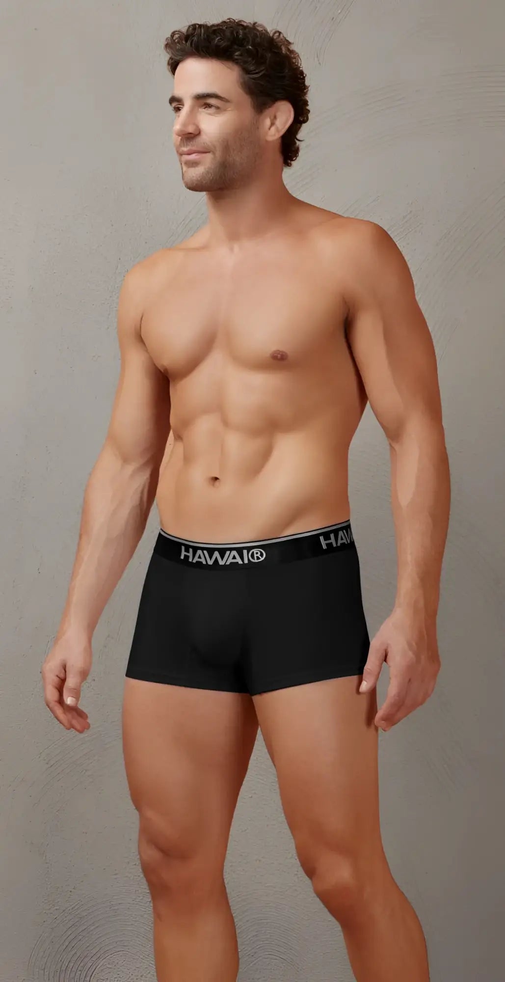 Black men’s boxer briefs with a white hawaii logo on the waistband in cotton blend fabric color black