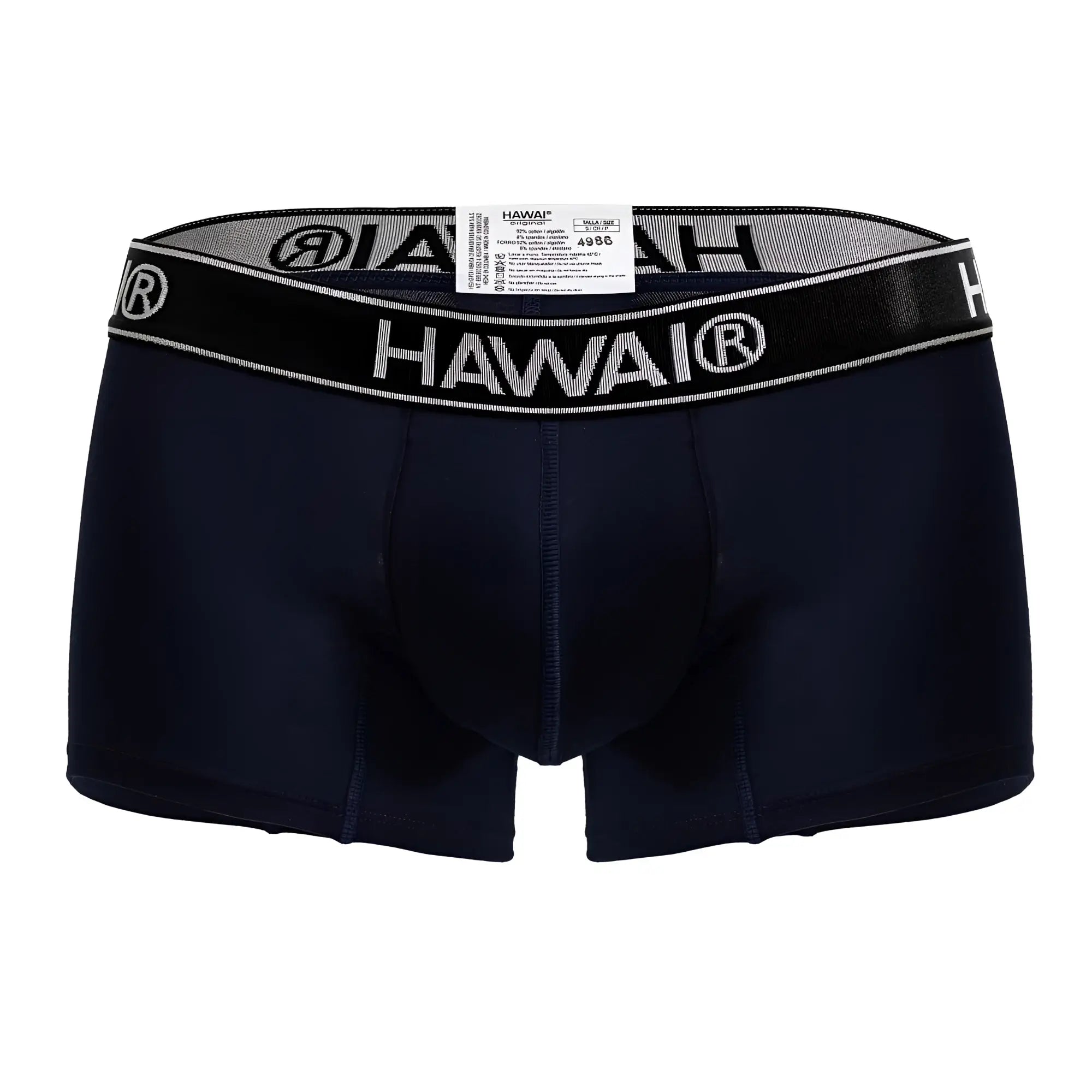 Black hawai brand men’s cotton blend dark blue boxer briefs with gray and black waistband and bold white logo