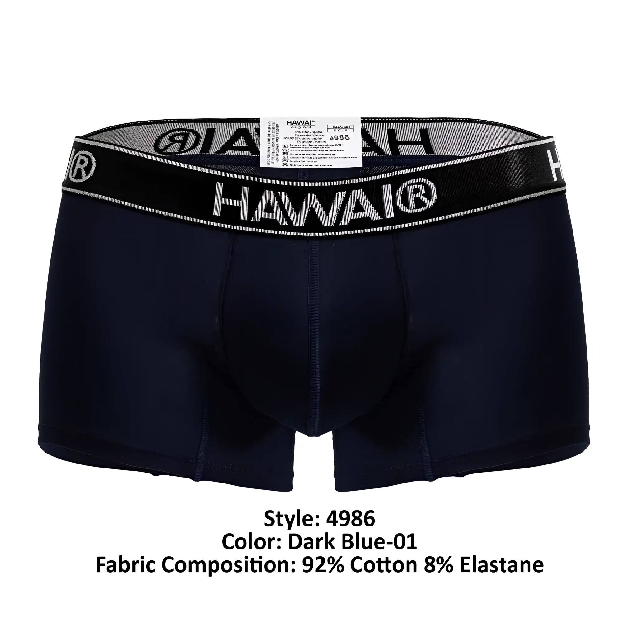 Dark blue hawai 4986 cotton blend boxer briefs with black waistband and white logo lettering