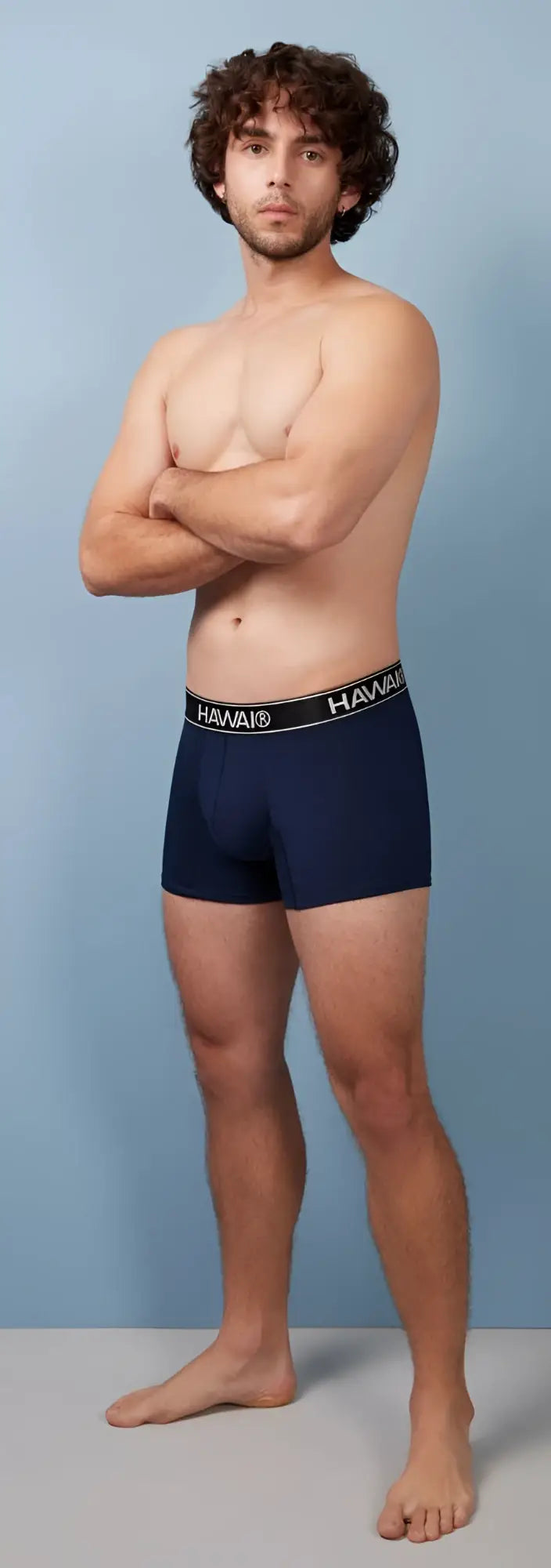 Navy blue harmay cotton blend boxer briefs with black elastic waistband featuring white lettering hawai 4986 trunks