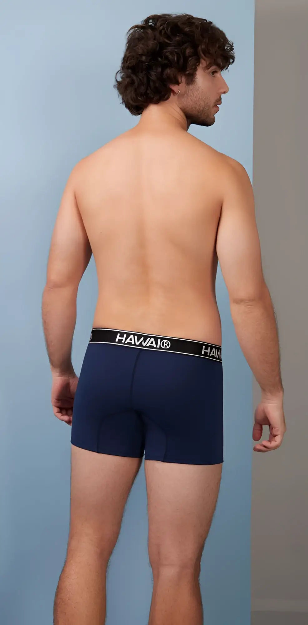 Navy blue Havai boxer briefs with black elastic waistband featuring white lettering made from cotton blend fabric