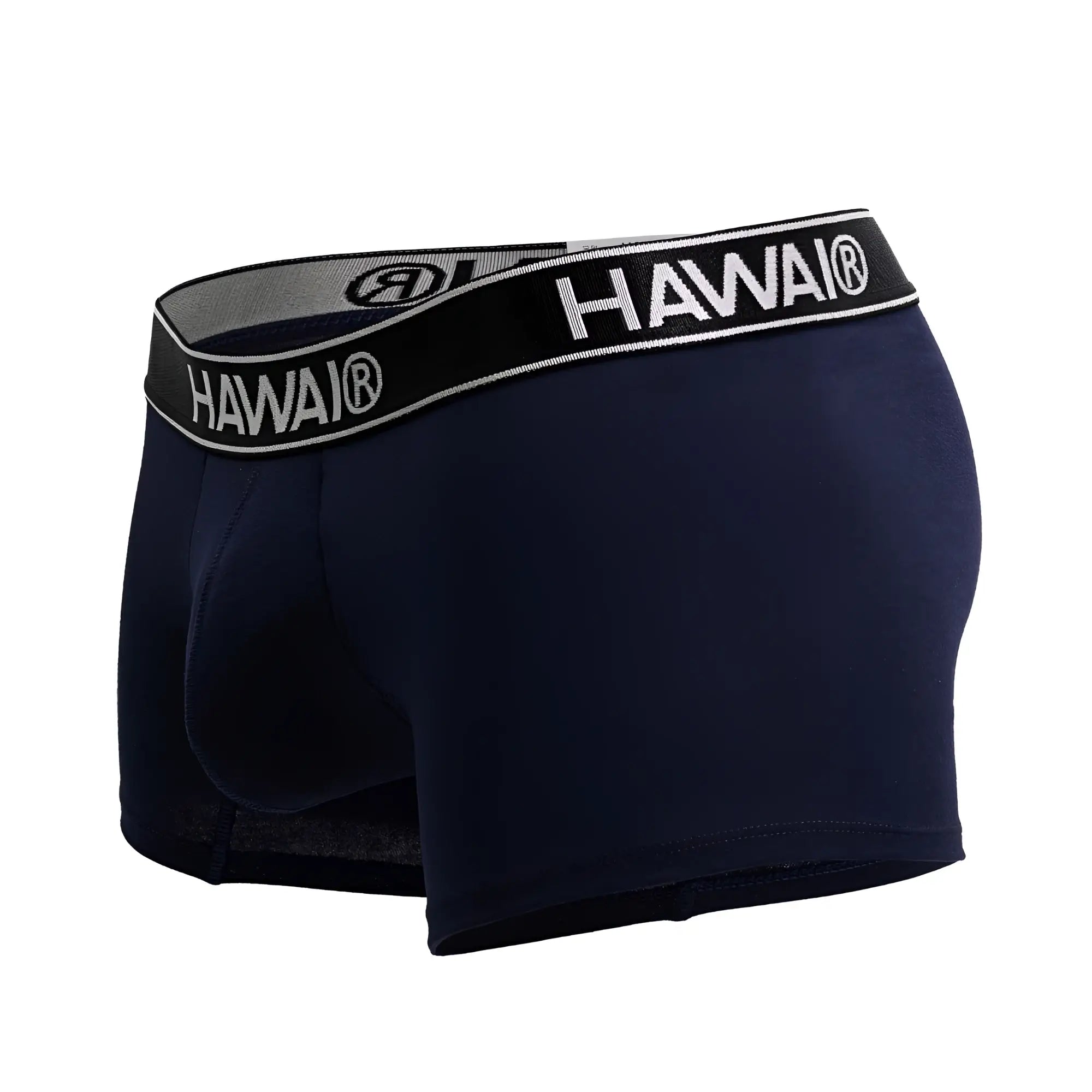 Navy blue Hawai men’s boxer briefs made of cotton blend with black and gray waistband featuring white lettering