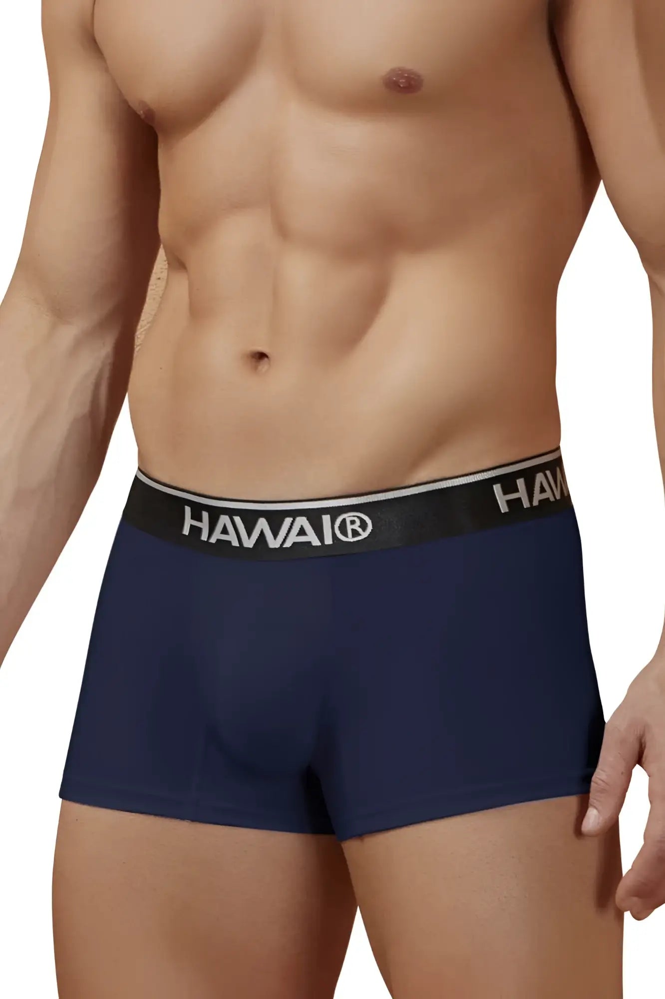 Navy blue Hawaii 4986 cotton blend trunks with black elastic waistband and white lettering for comfortable wear
