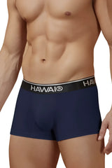 Navy blue Hawaii 4986 cotton blend trunks with black elastic waistband and white lettering for comfortable wear