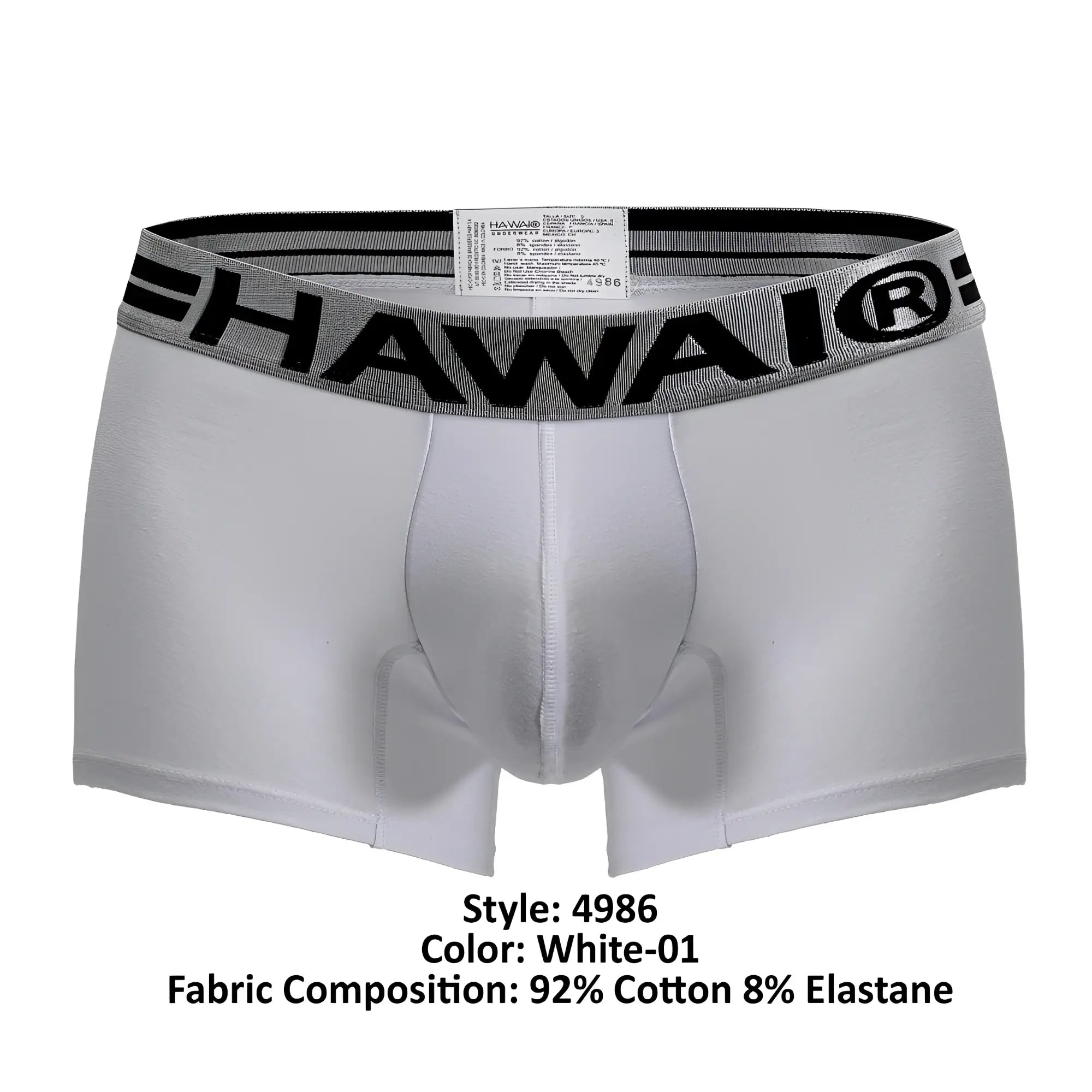 White hawaii brand cotton blend boxer briefs with gray and black elastic waistband and bold lettering