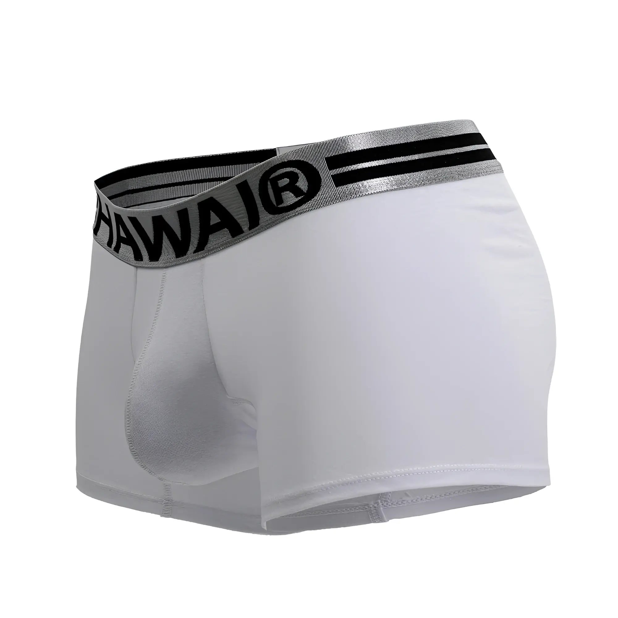 White men’s boxer briefs with gray elastic waistband featuring black hawaii branding and two horizontal stripes cotton blend
