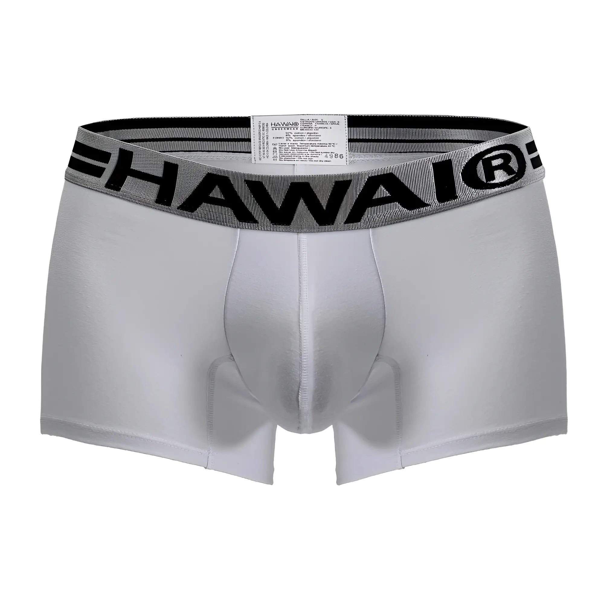 White men’s cotton blend briefs with gray elastic waistband and bold black hawaii lettering color white